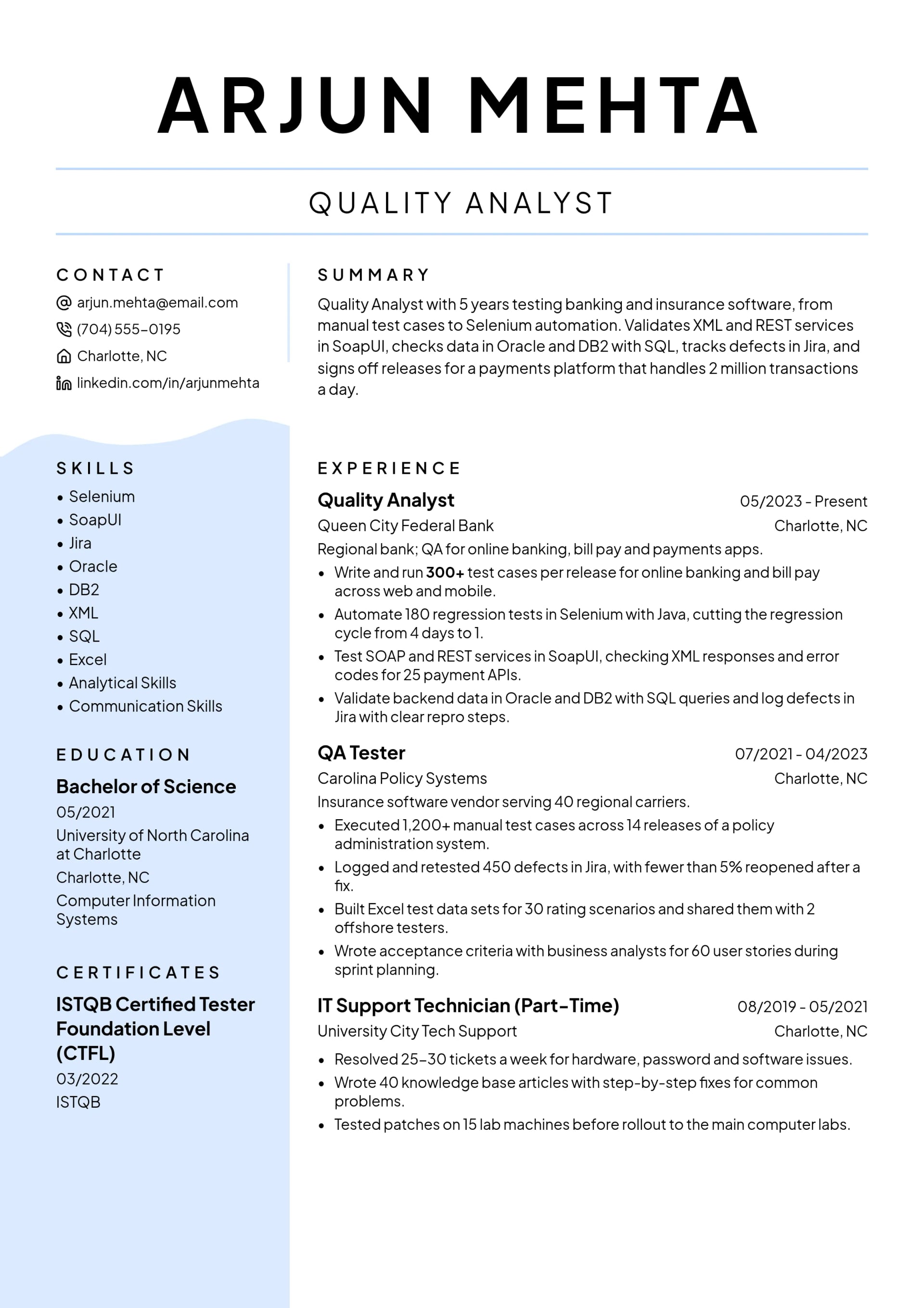 Quality Analyst resume example