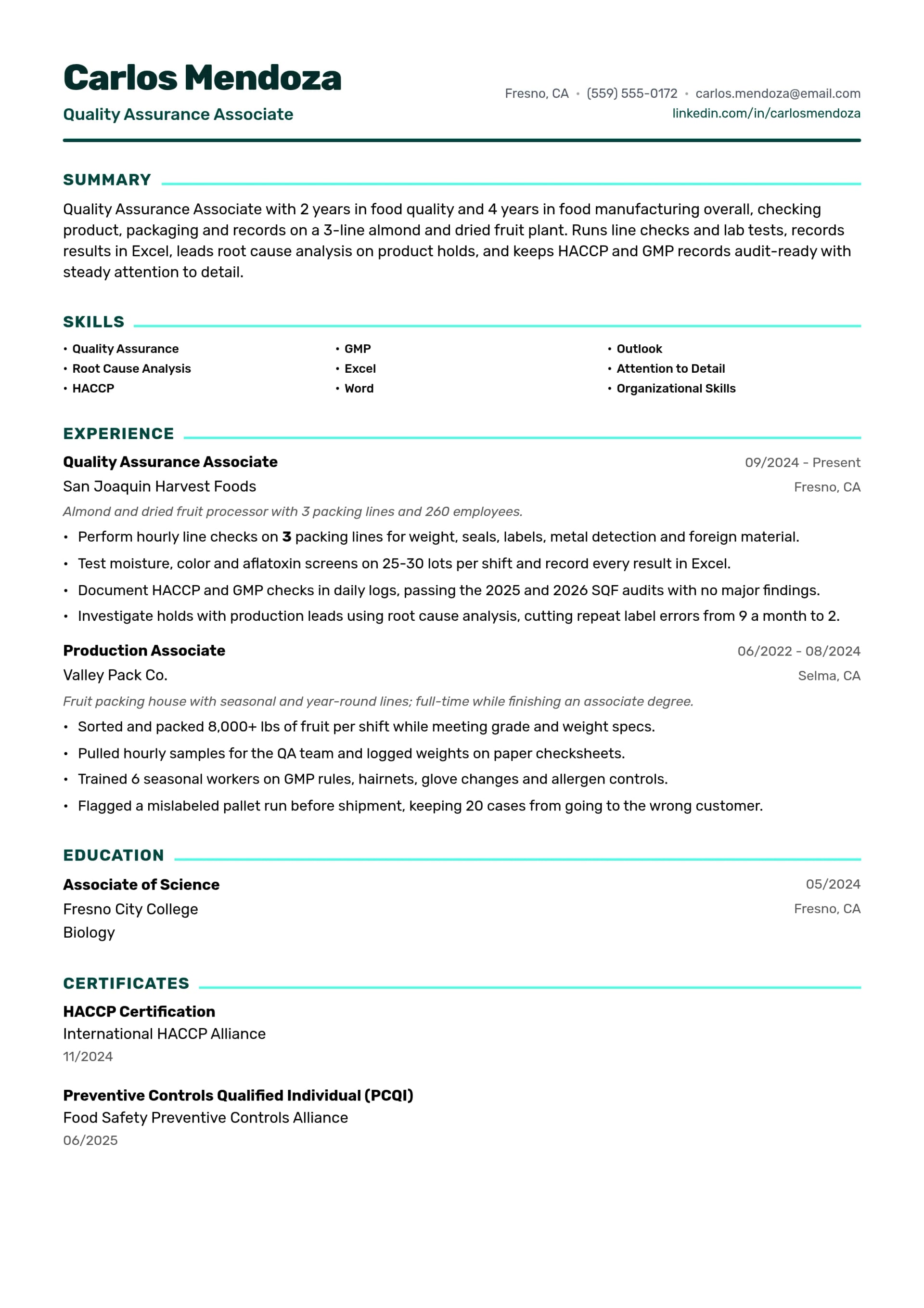 Quality Assurance Associate resume example