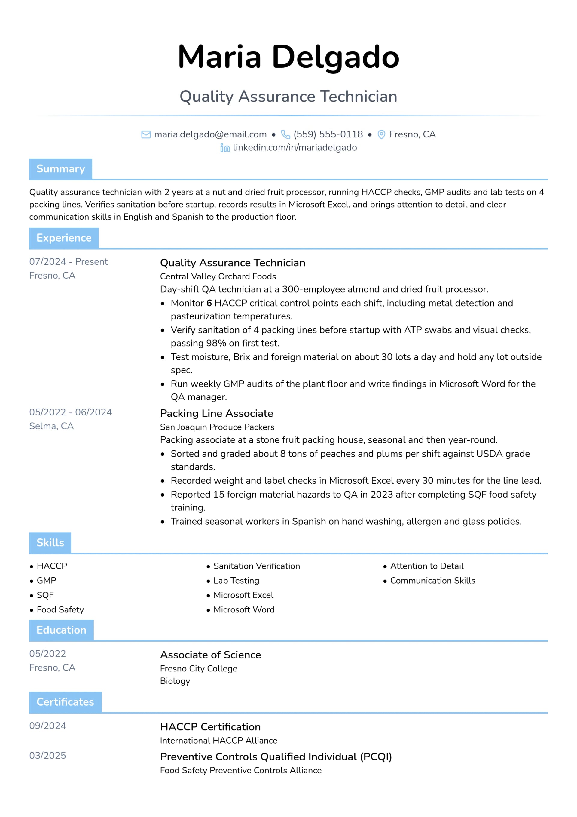 Quality Assurance Technician resume example