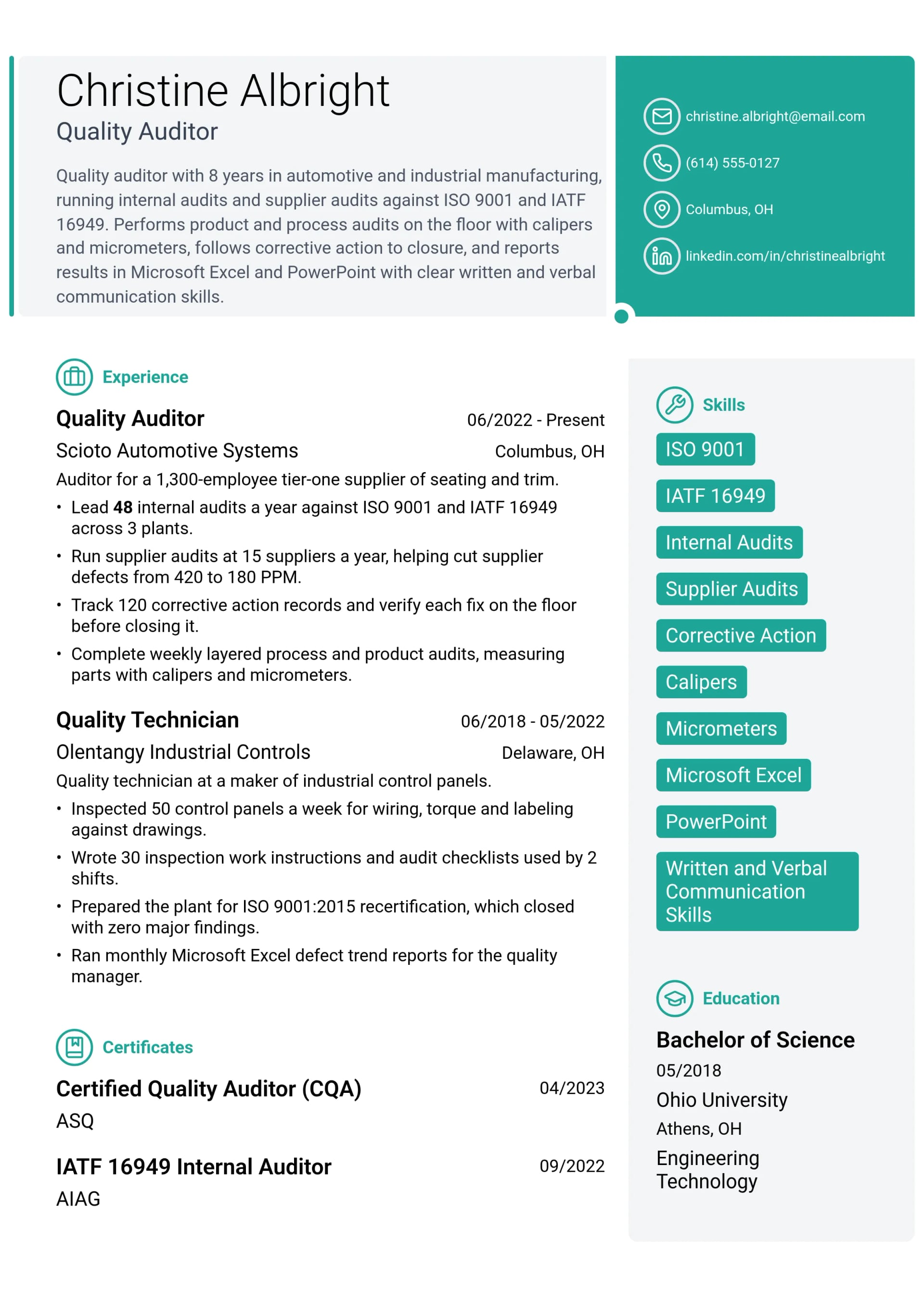 Quality Auditor resume example