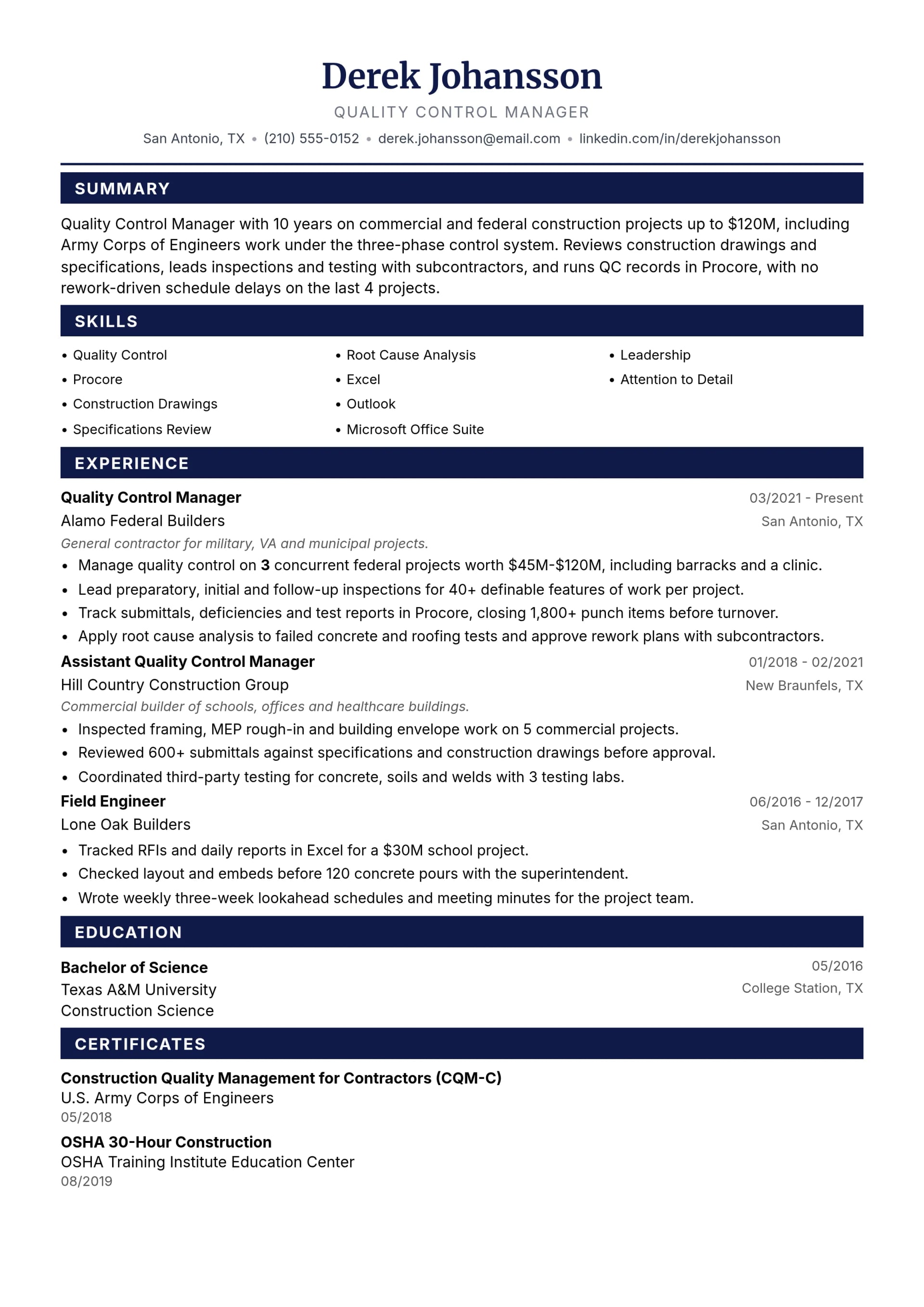 Quality Control Manager resume example