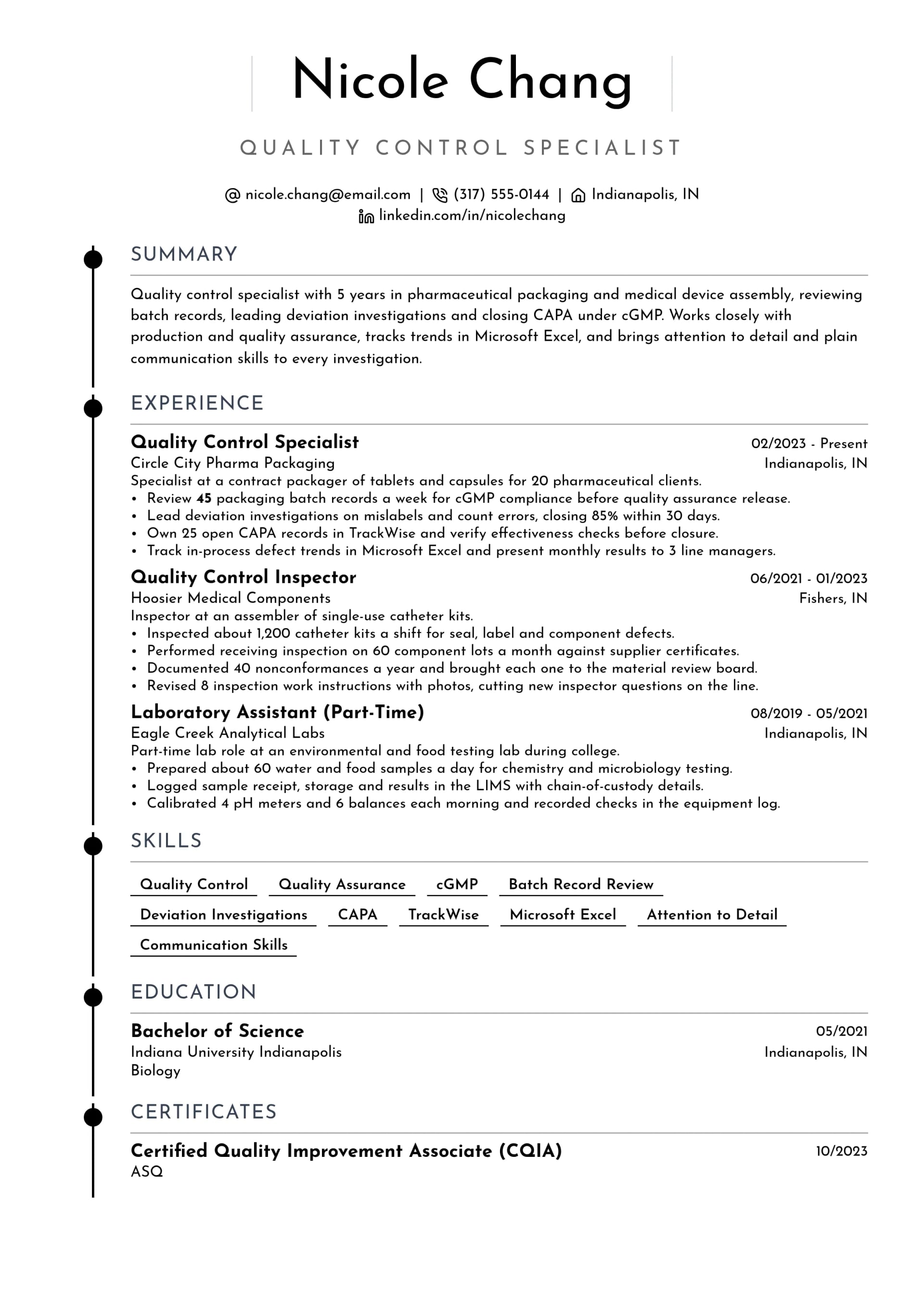 Quality Control Specialist resume example