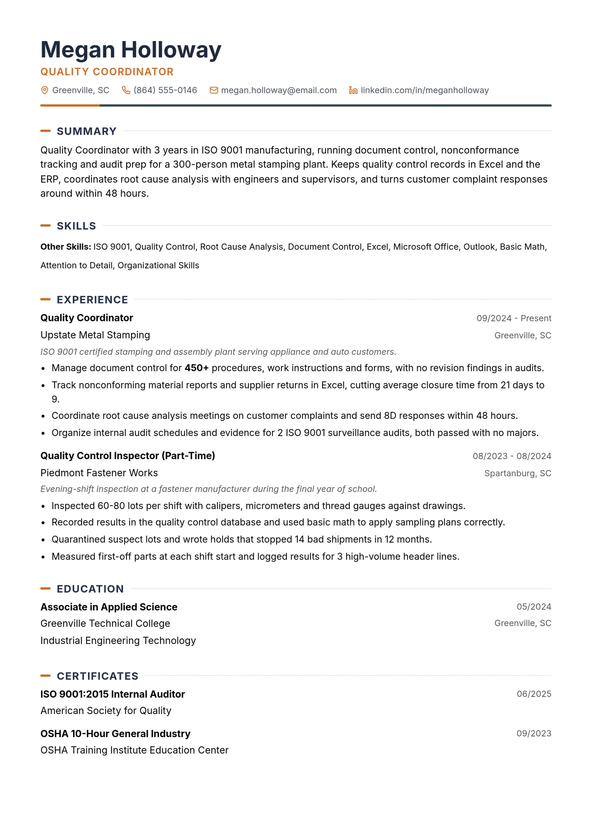 Quality Coordinator resume example