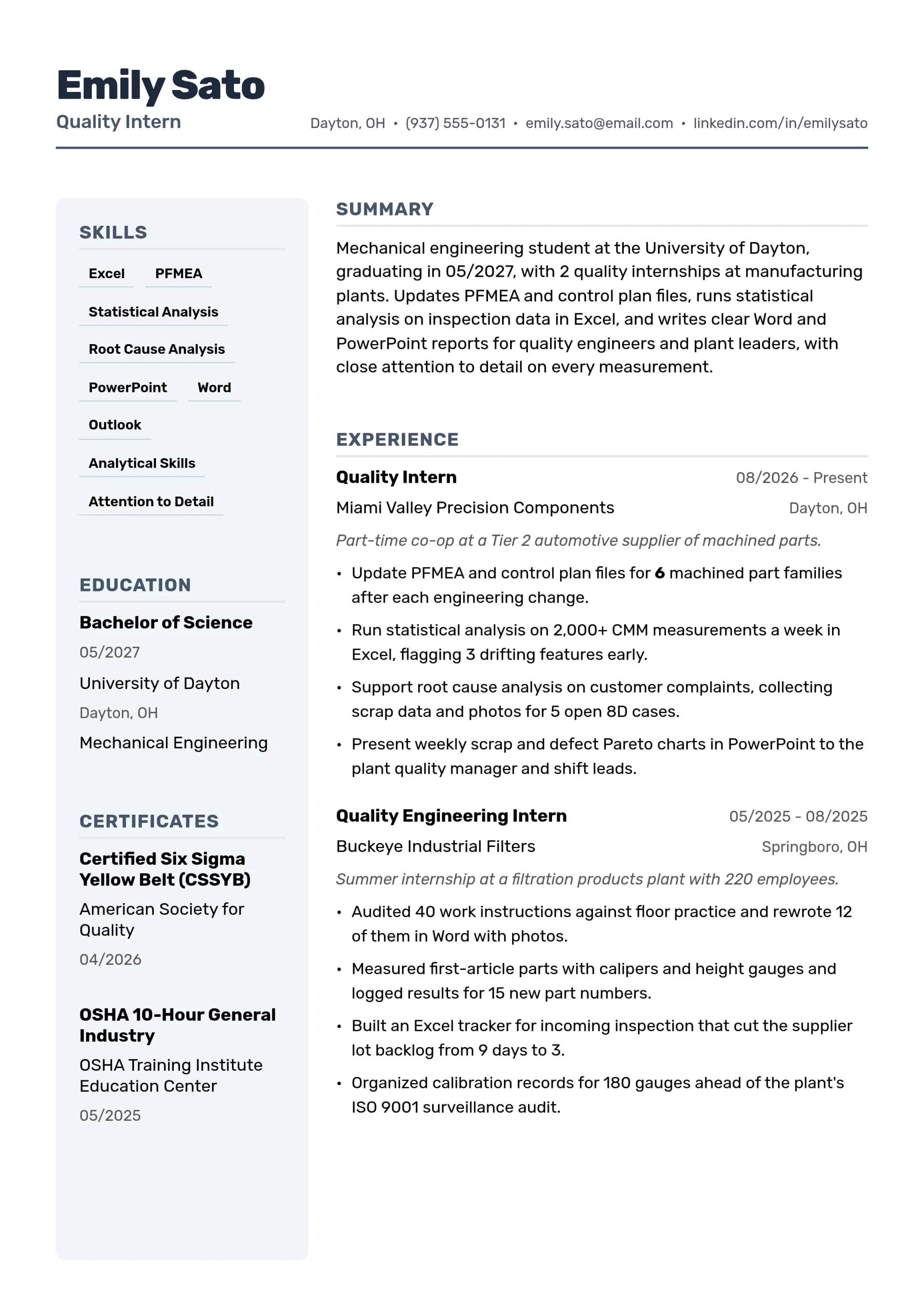 Quality Intern resume example