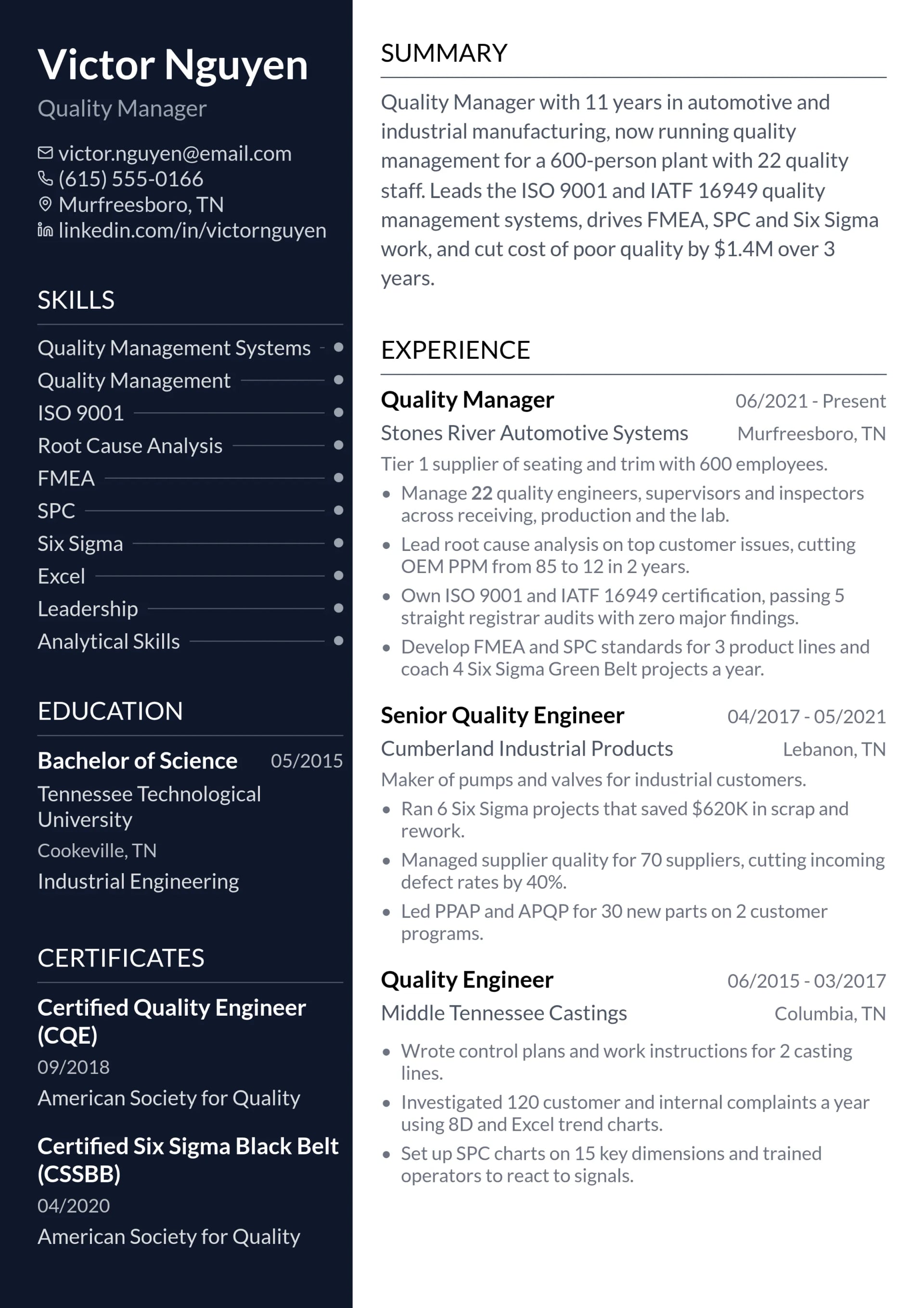 Quality Manager resume example