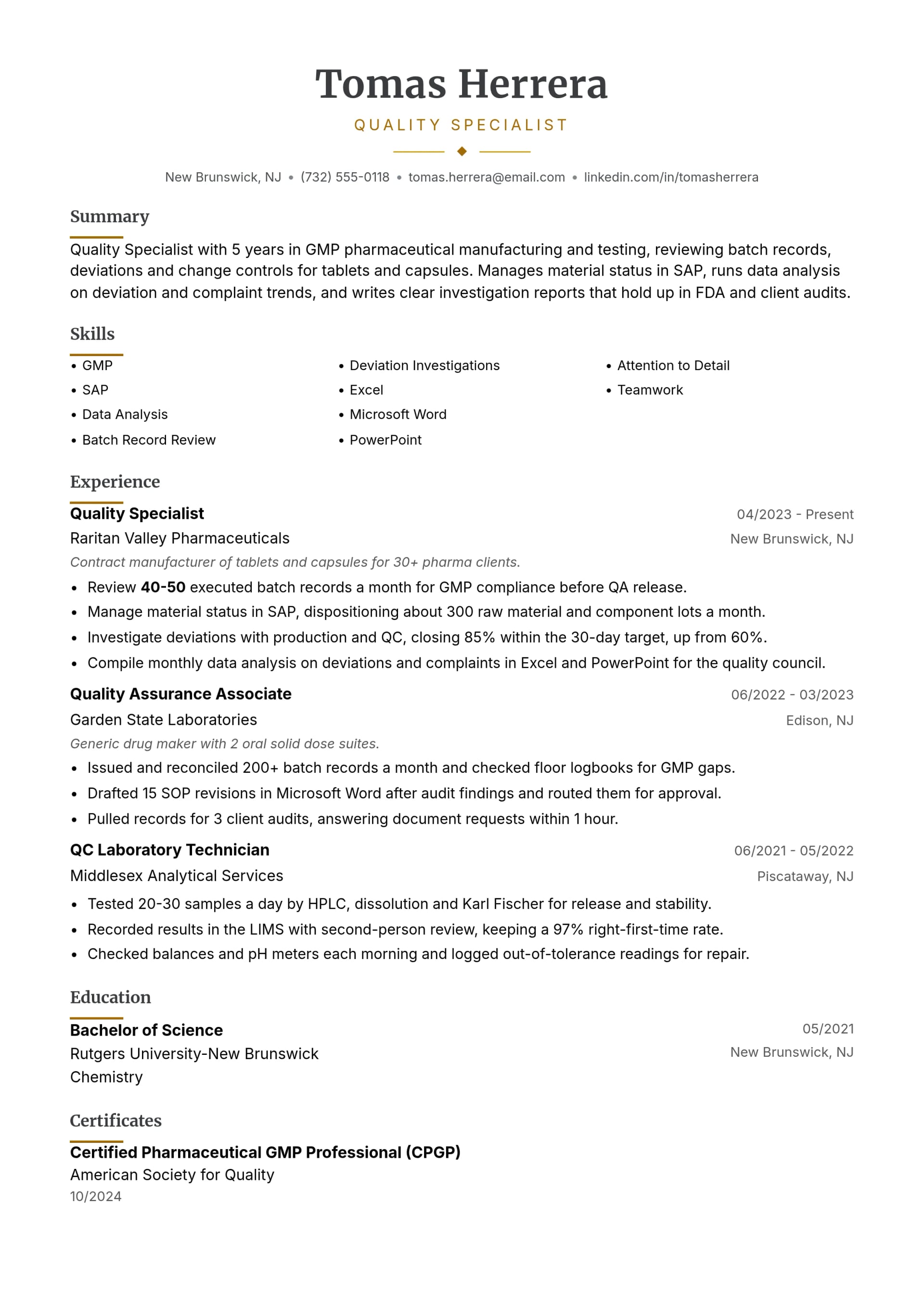 Quality Specialist resume example