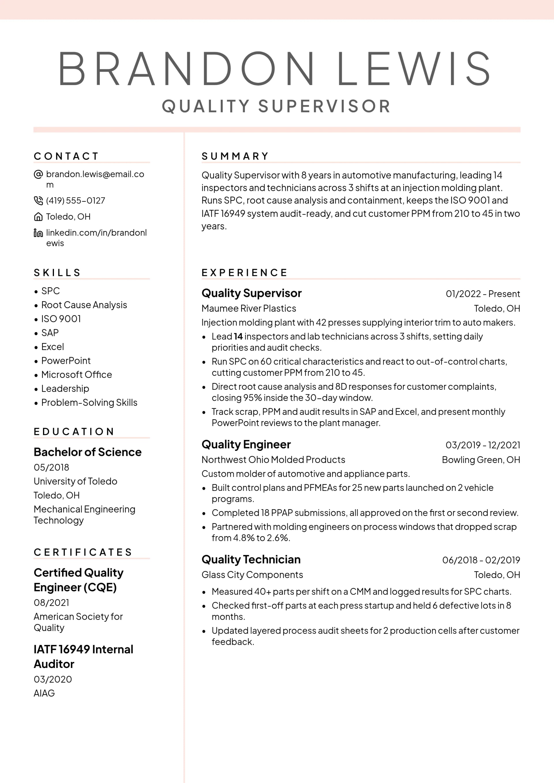 Quality Supervisor resume example