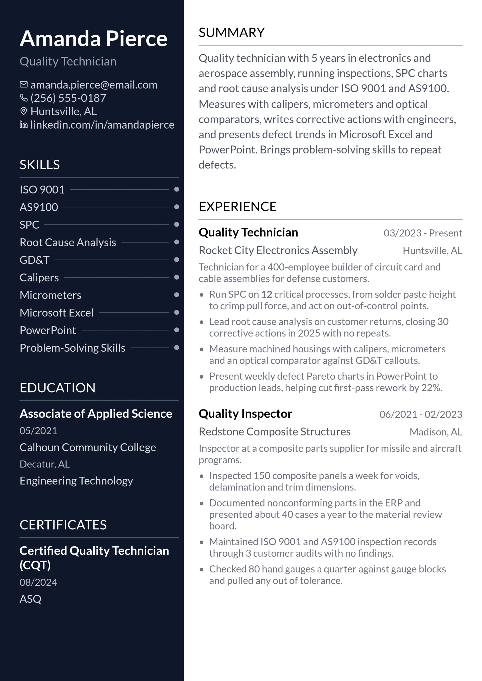 Quality Technician resume example