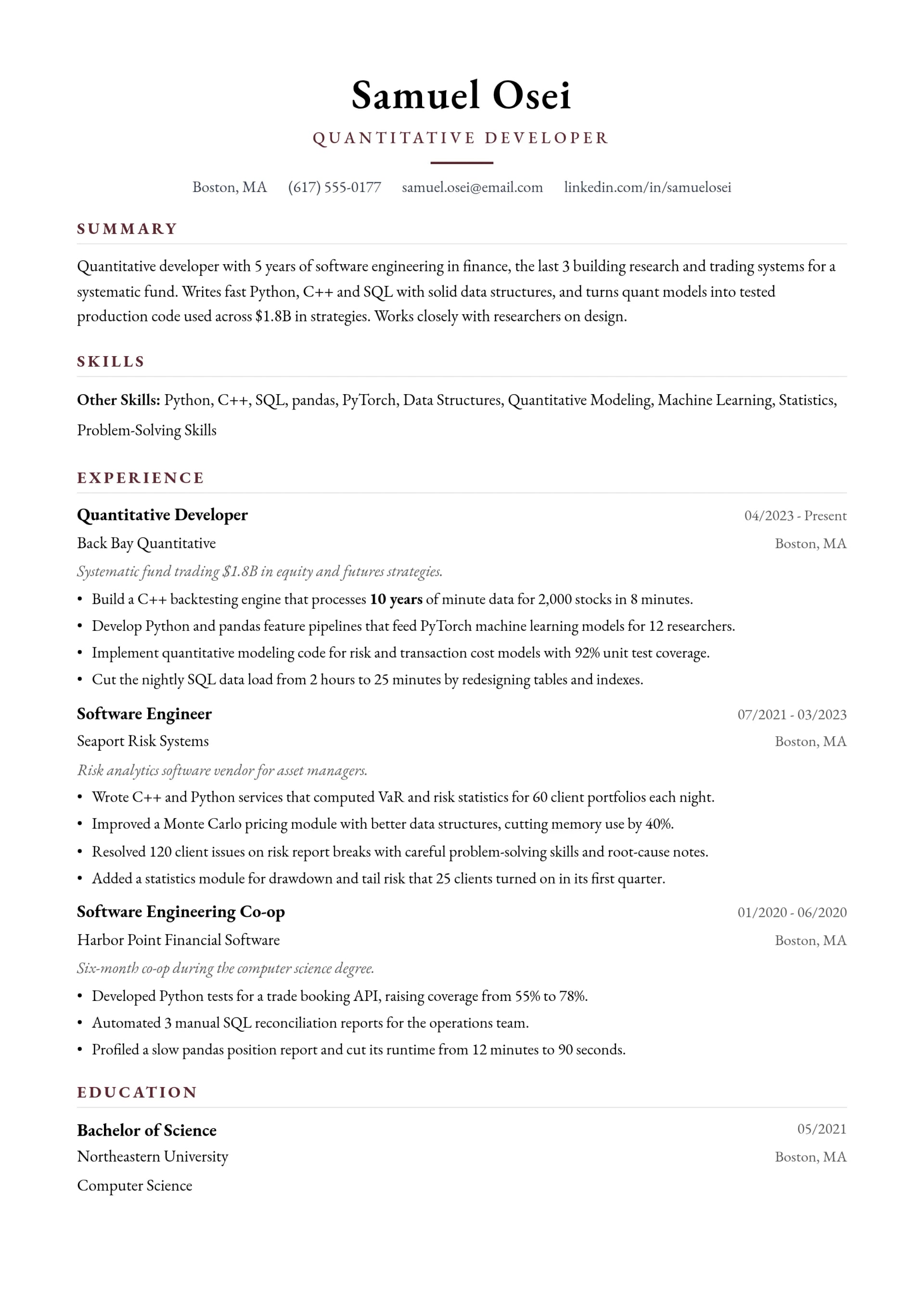 Quantitative Developer resume example