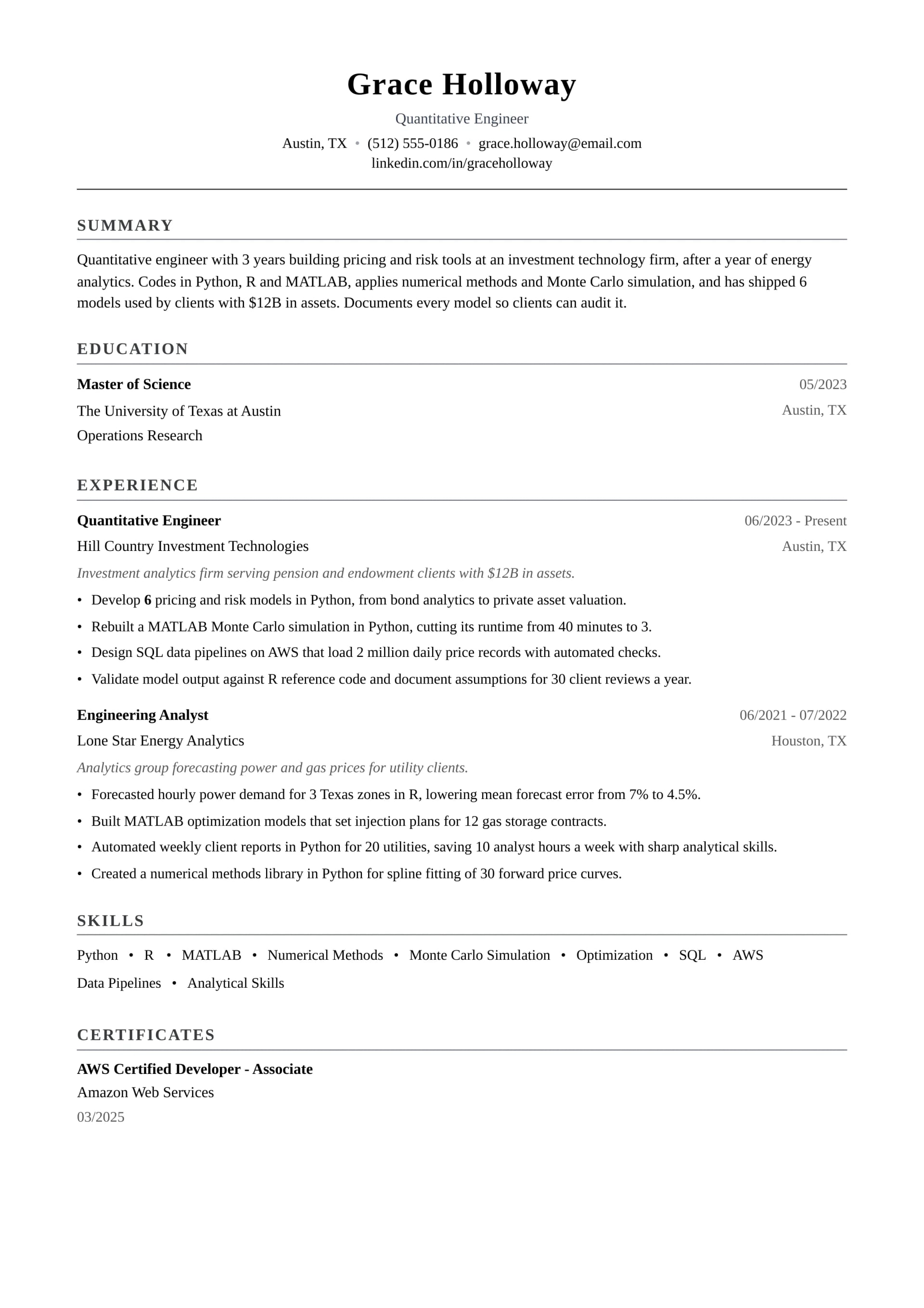 Quantitative Engineer resume example