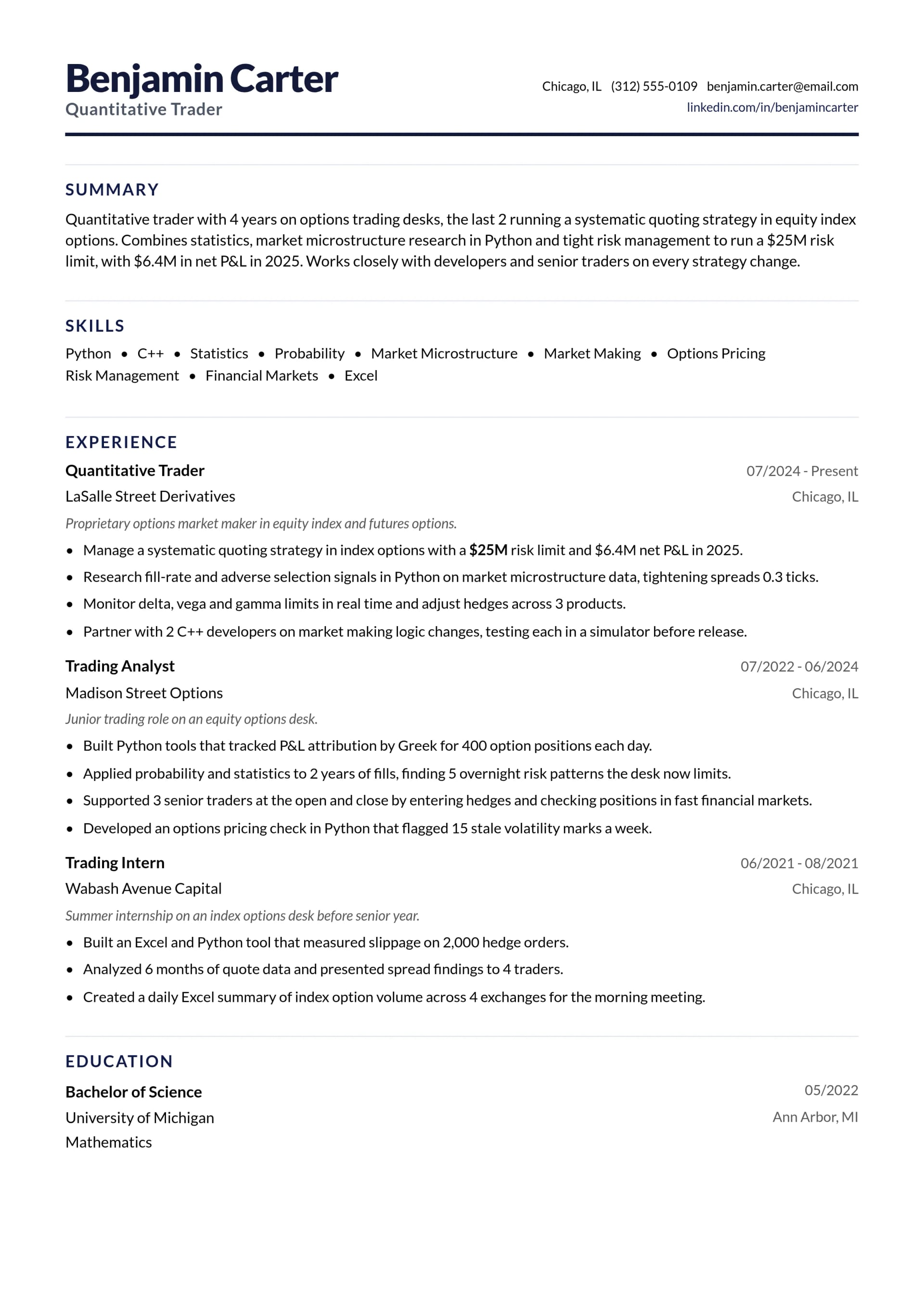 Quantitative Trader resume example