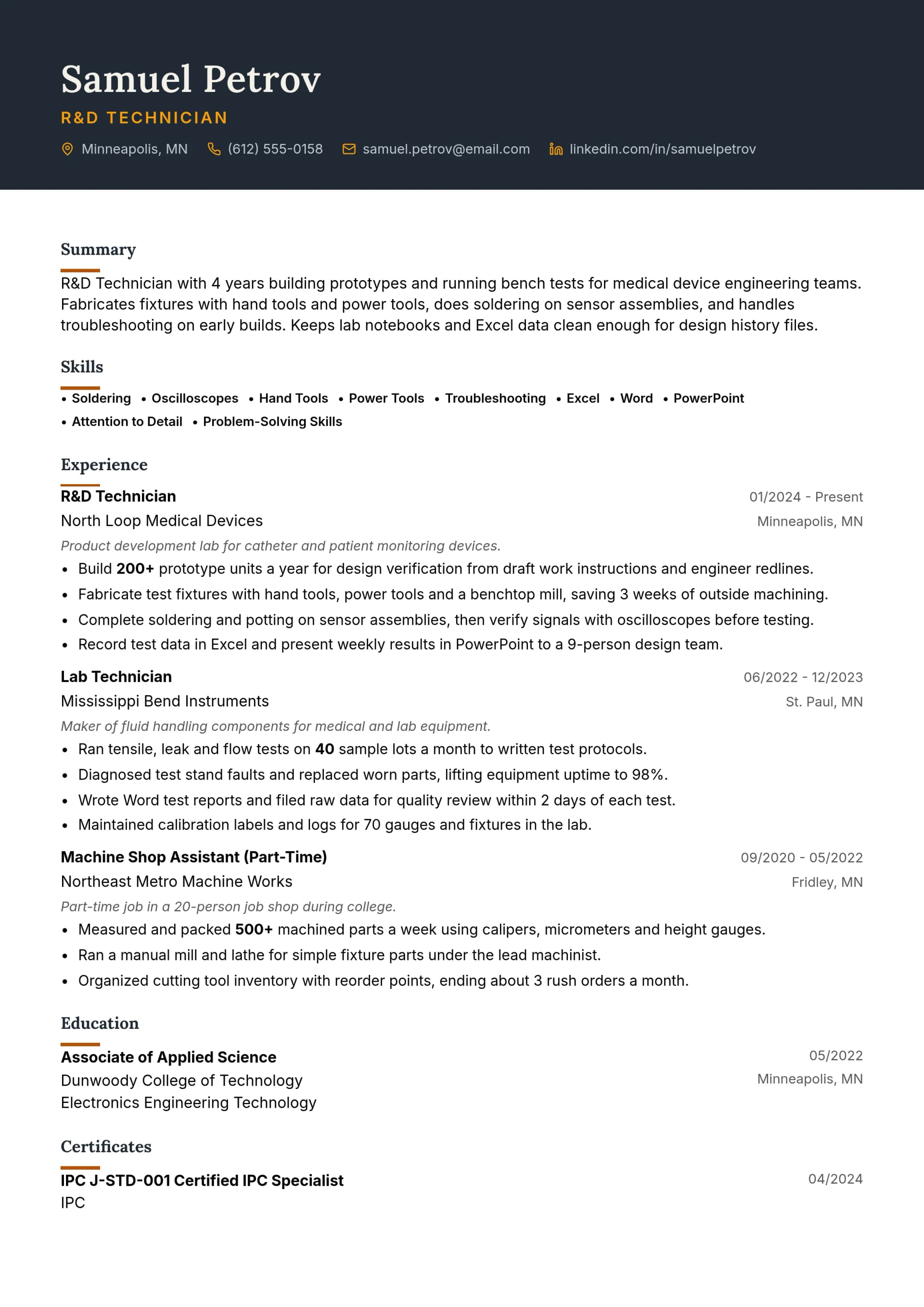 R&D Technician resume example