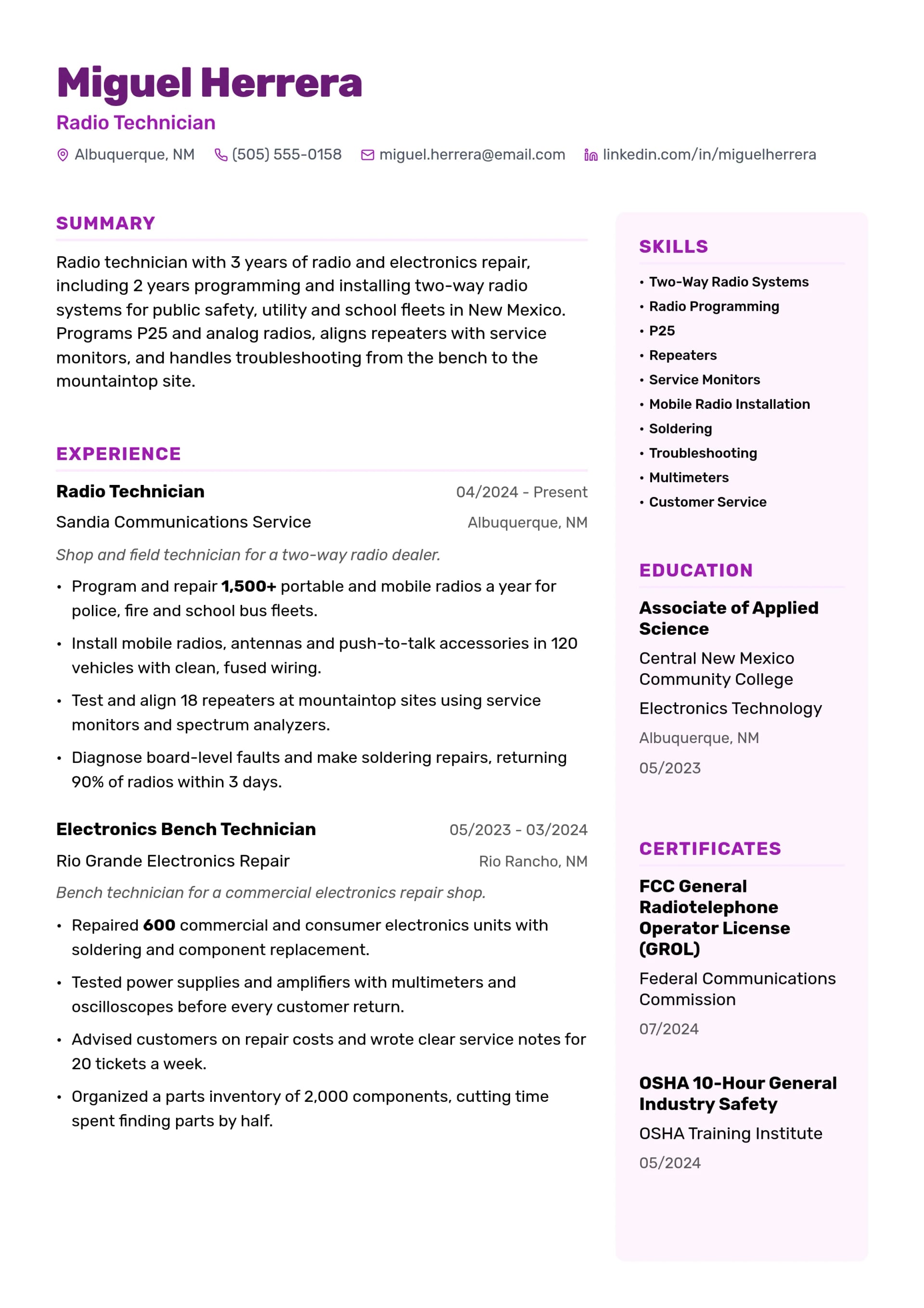 Radio Technician resume example