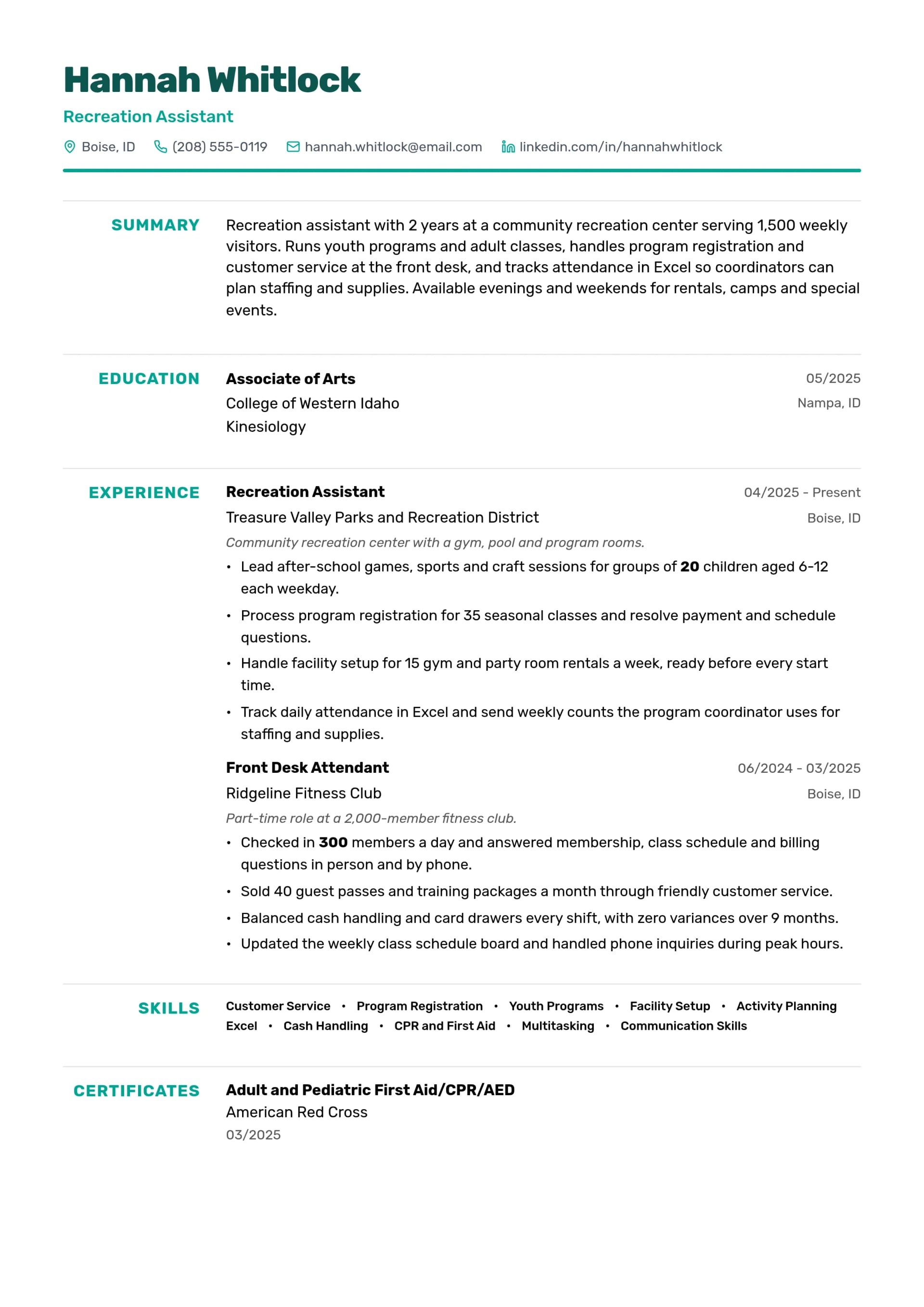 Recreation Assistant resume example
