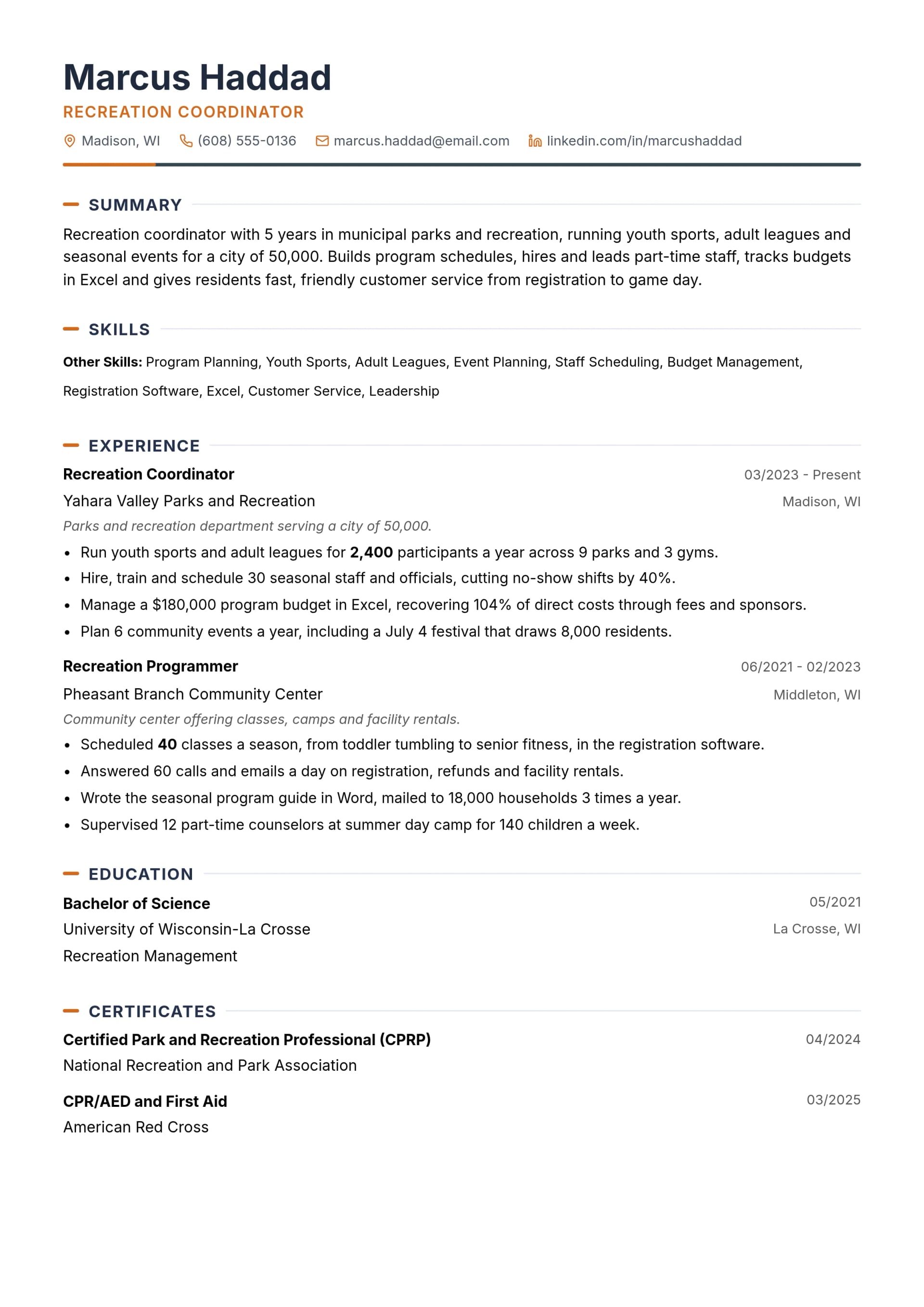 Recreation Coordinator resume example