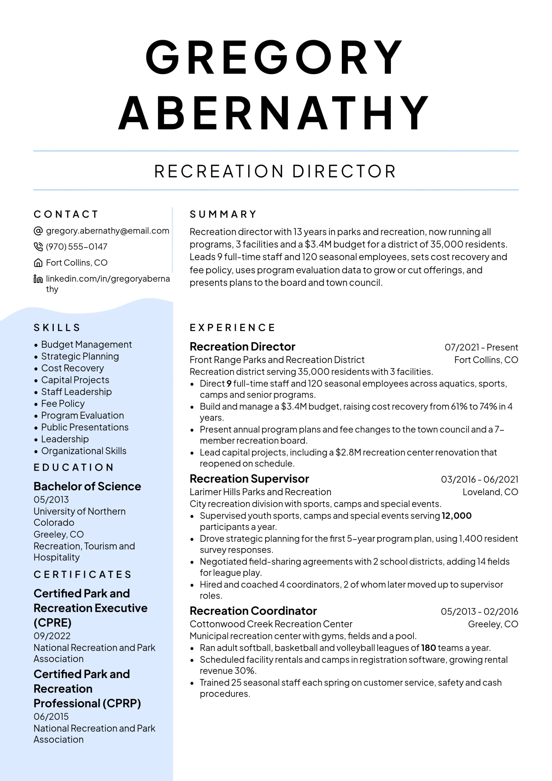 Recreation Director resume example