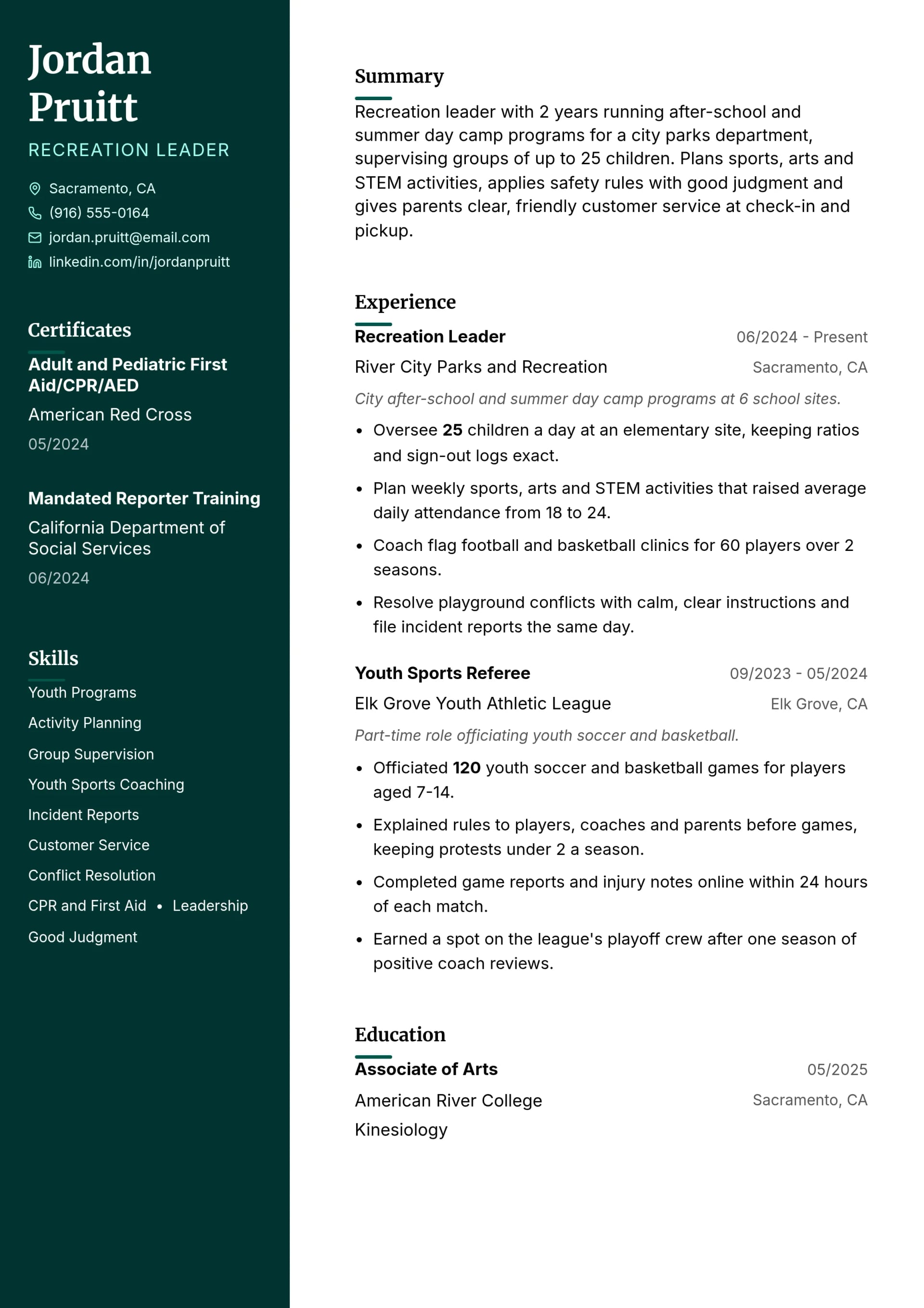Recreation Leader resume example