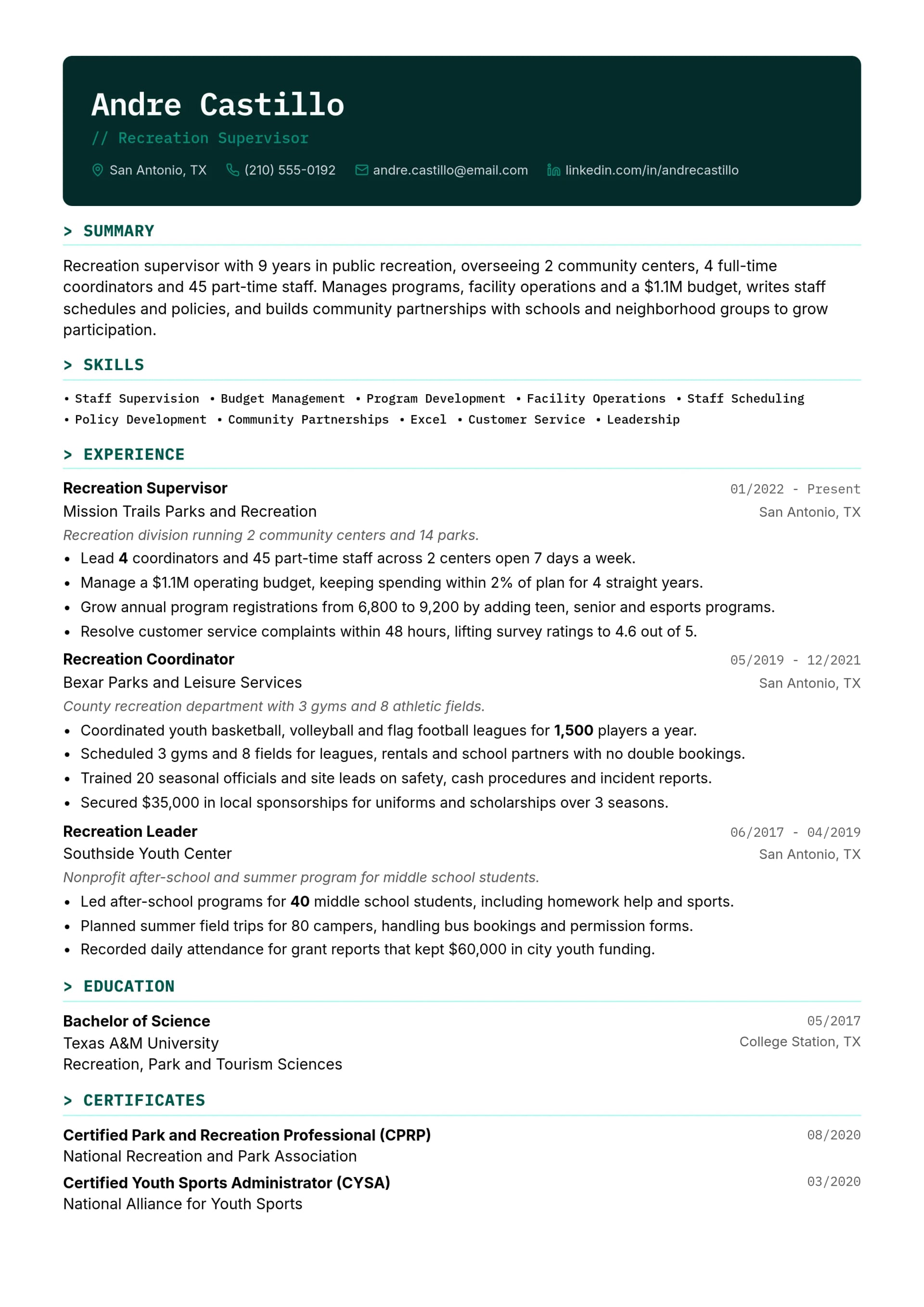 Recreation Supervisor resume example