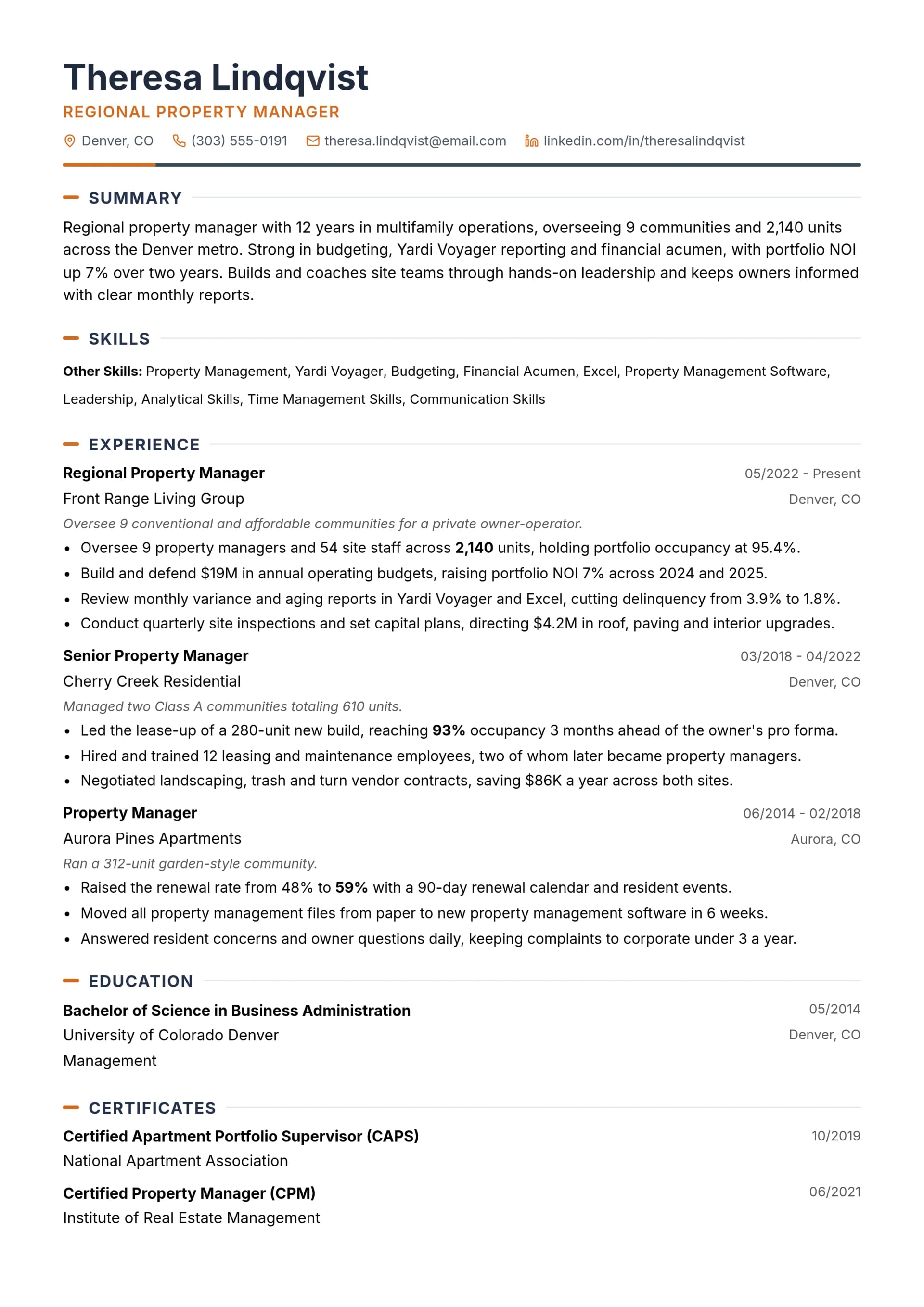 Regional Property Manager resume example