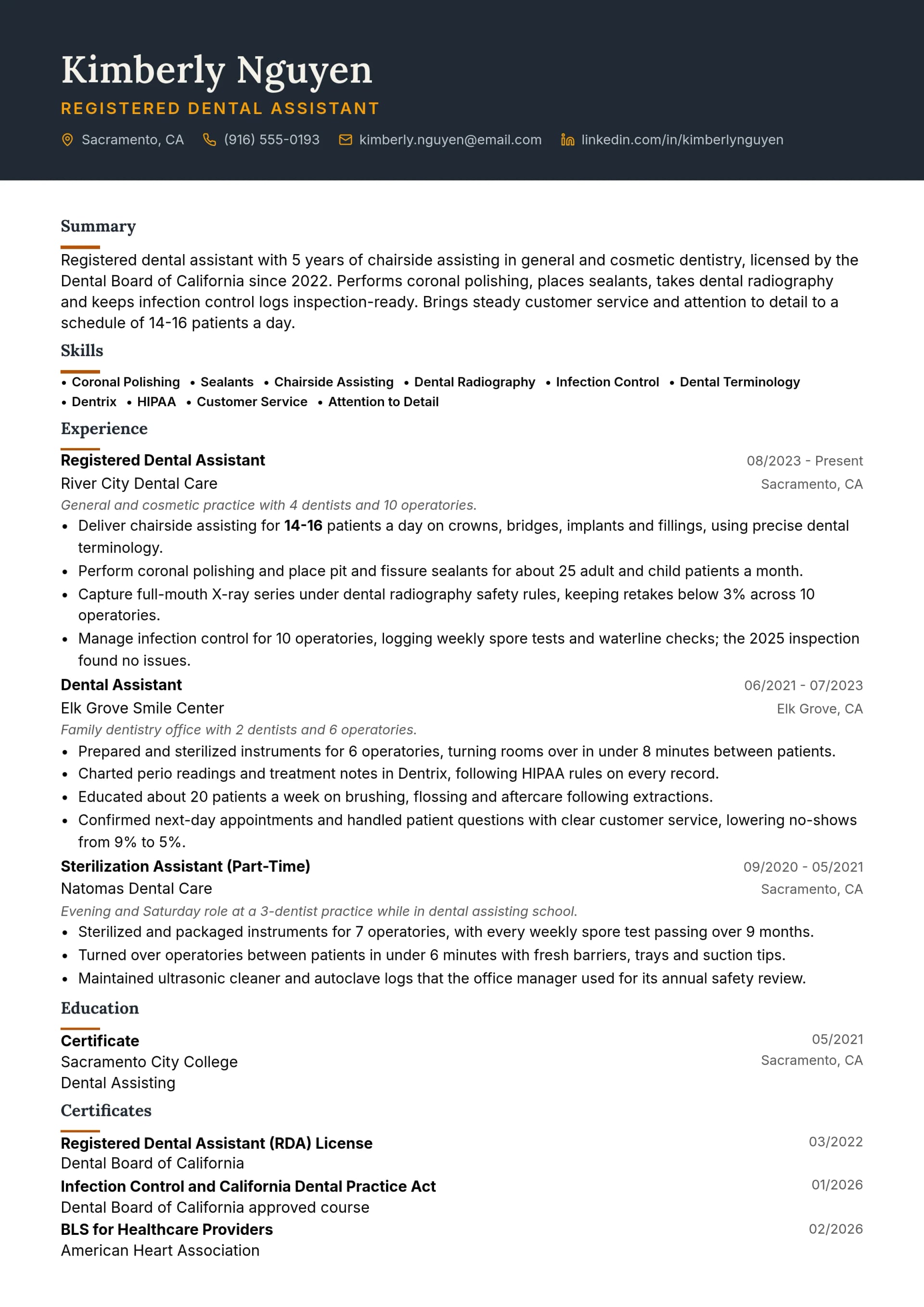 Registered Dental Assistant resume example