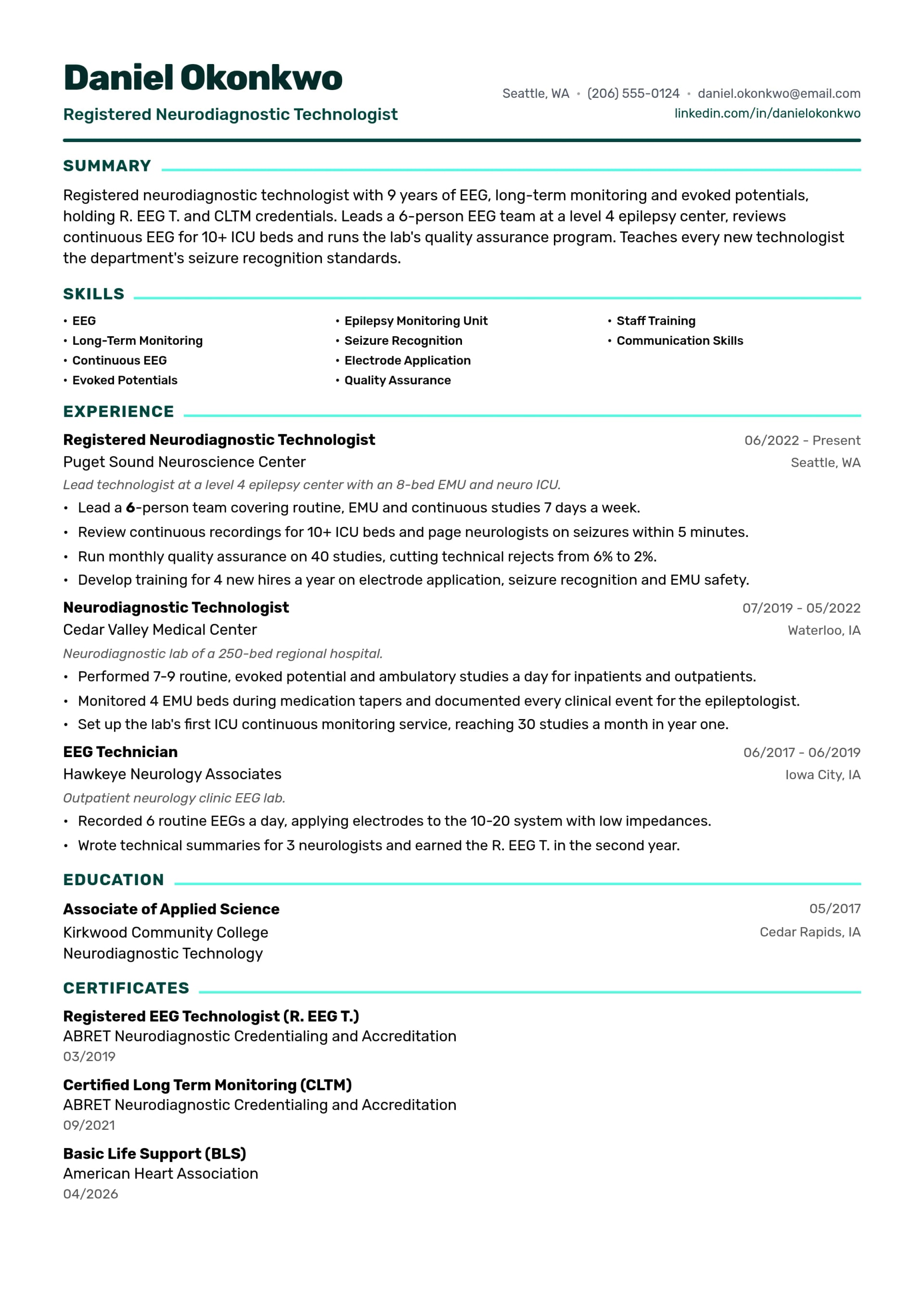 Registered Neurodiagnostic Technologist resume example