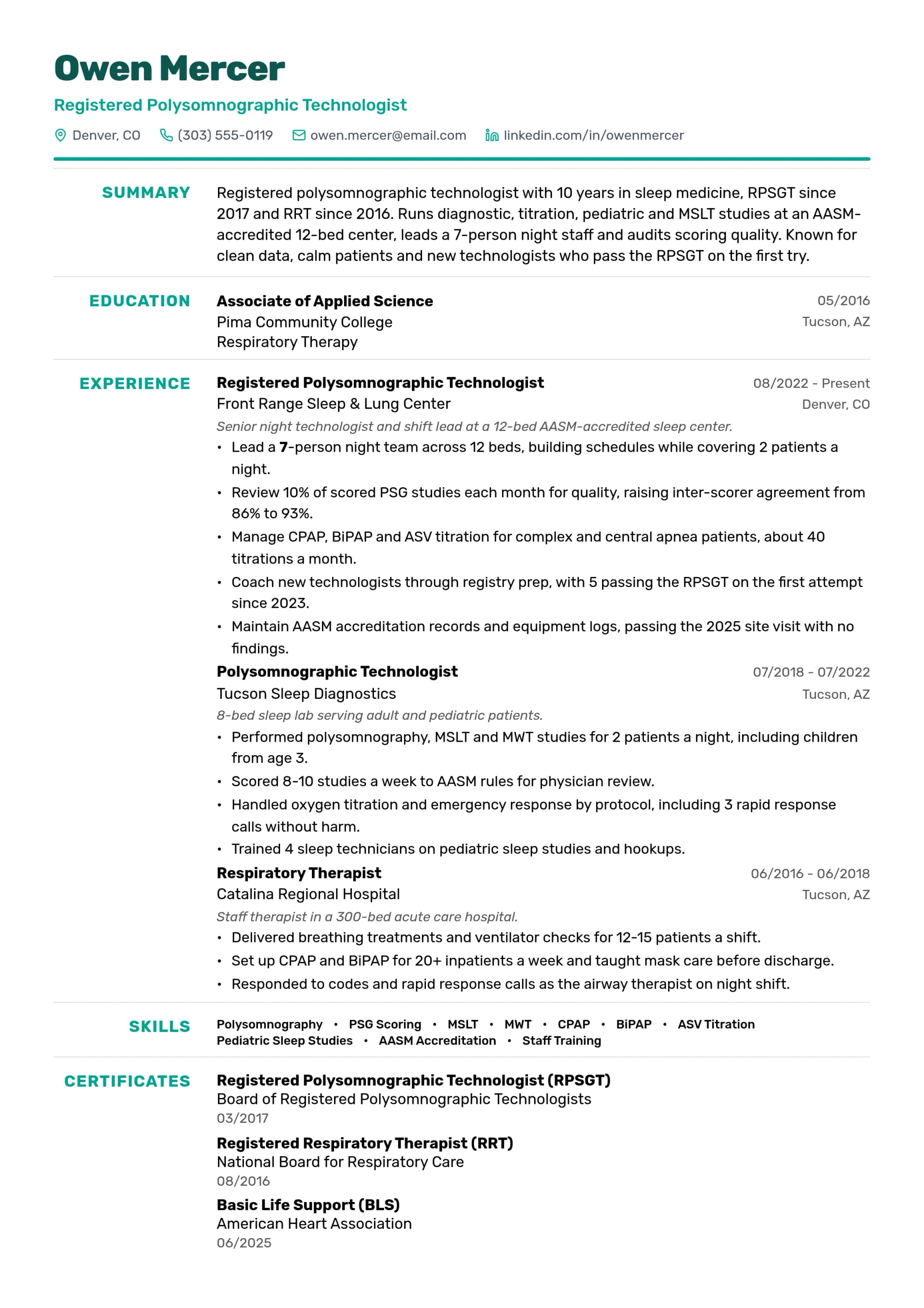 Registered Polysomnographic Technologist resume example
