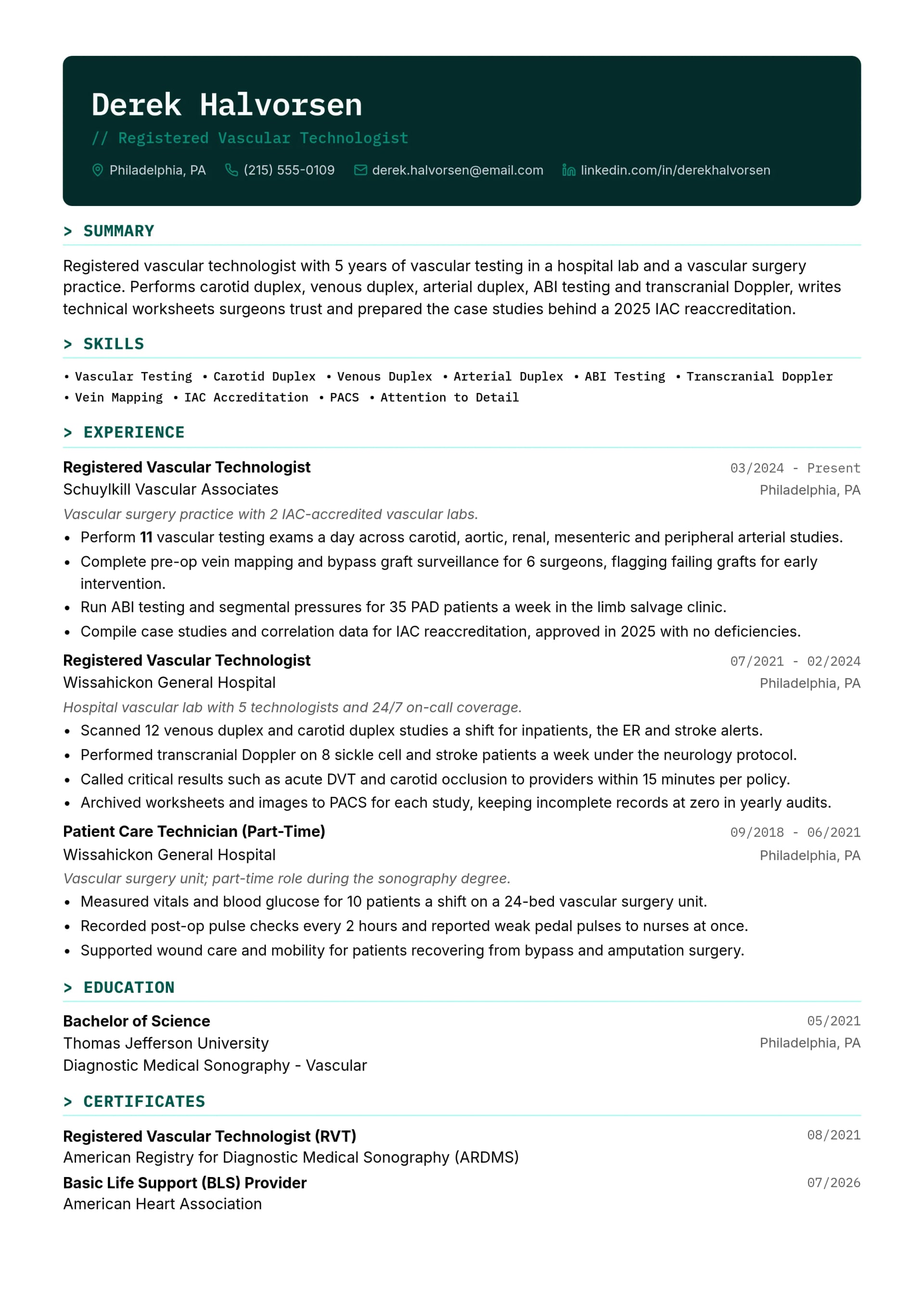 Registered Vascular Technologist resume example