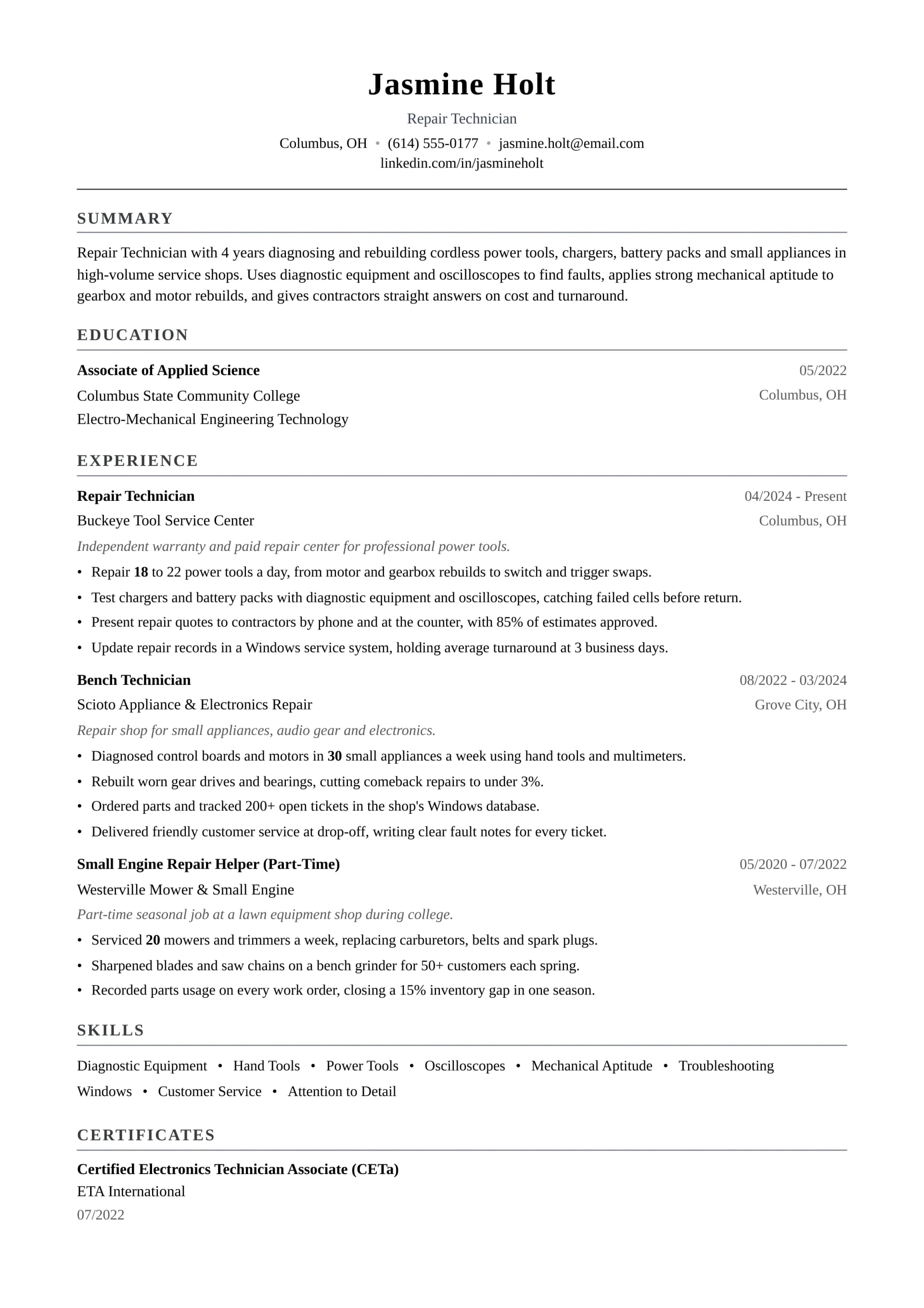 Repair Technician resume example