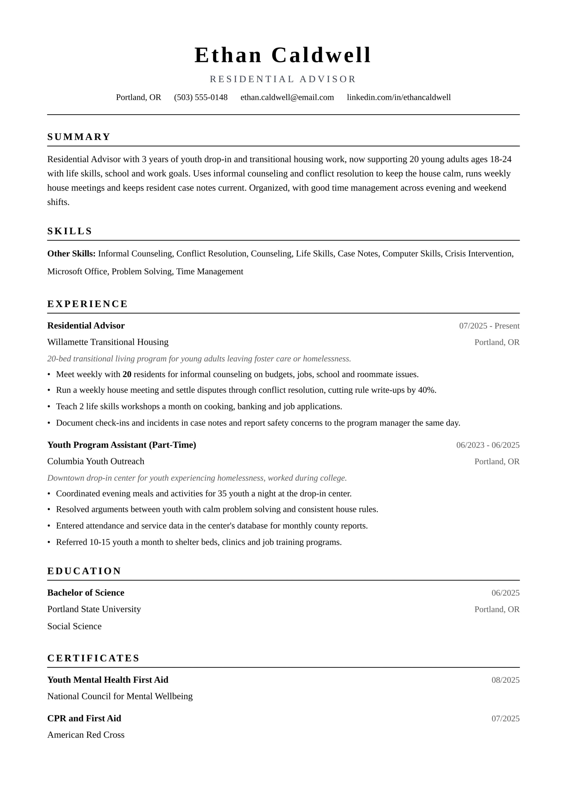Residential Advisor resume example