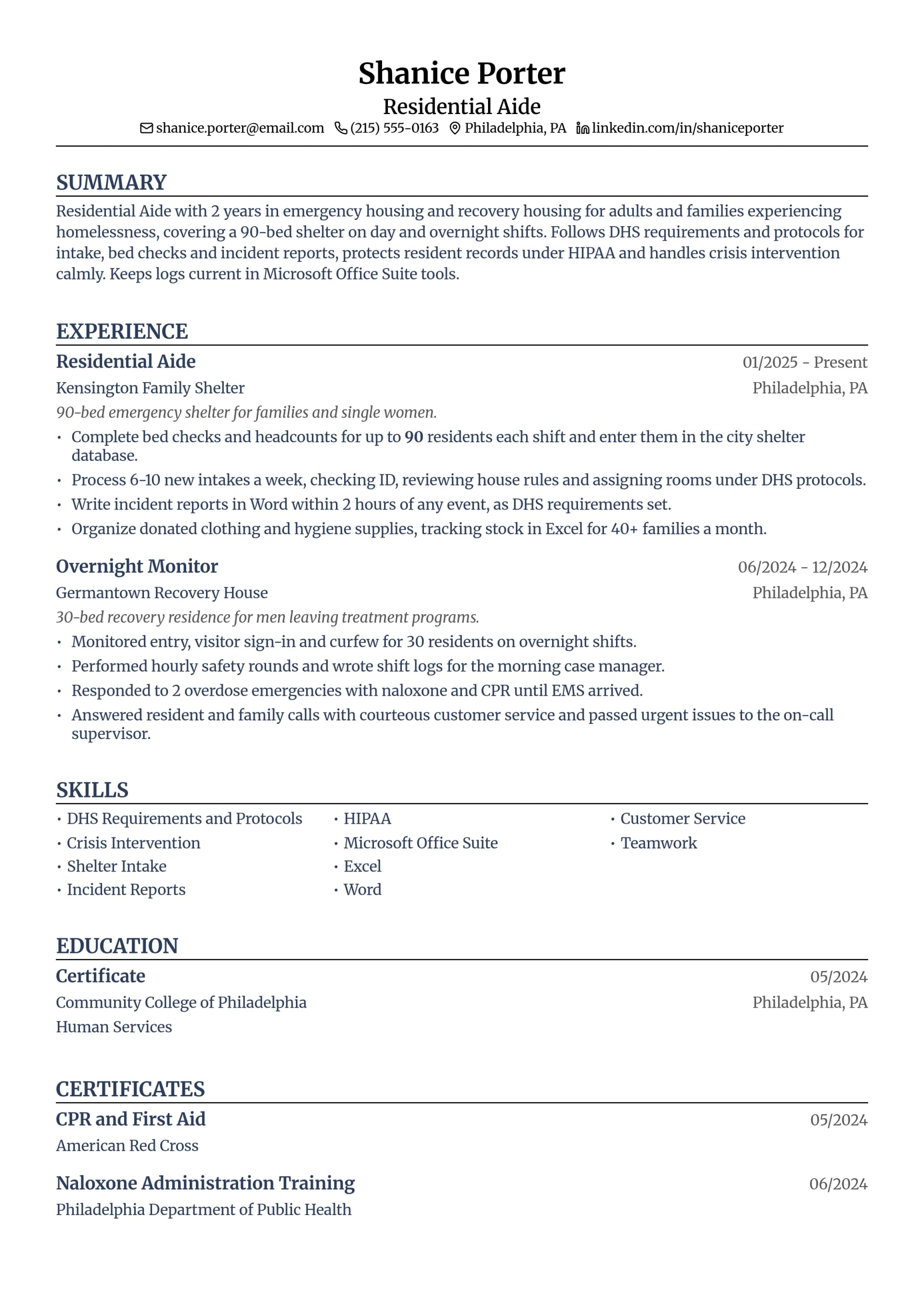 Residential Aide resume example