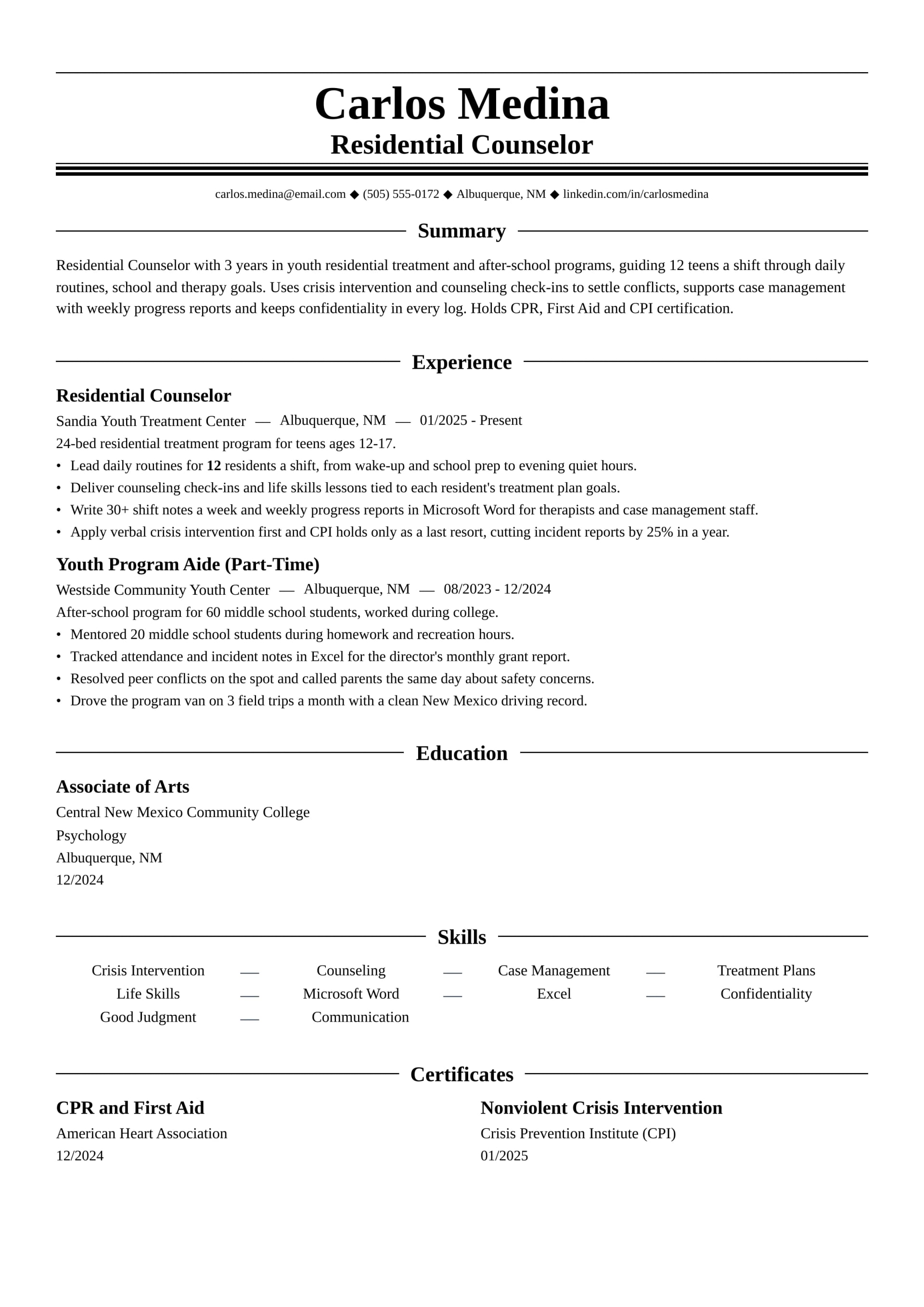 Residential Counselor resume example
