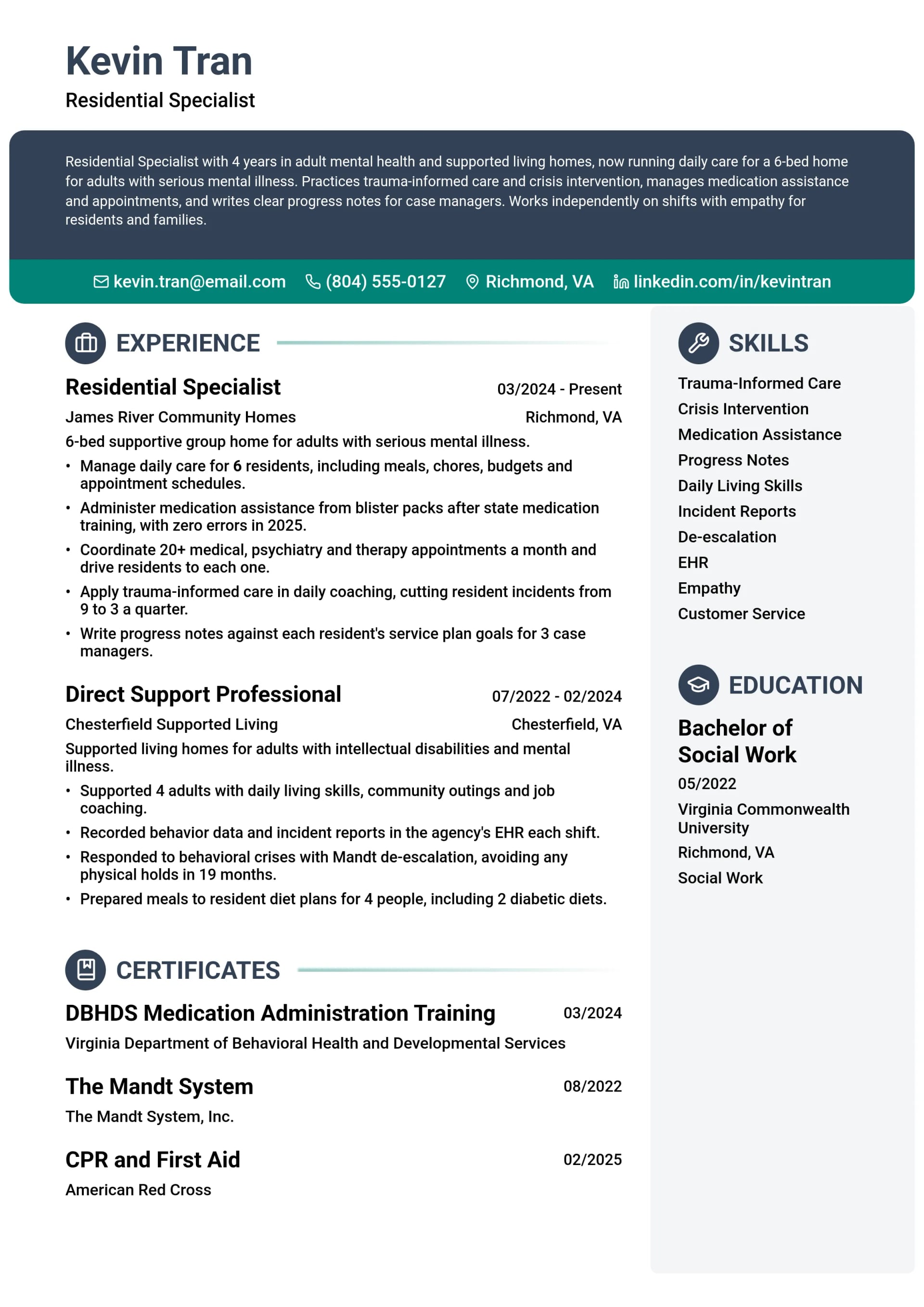 Residential Specialist resume example