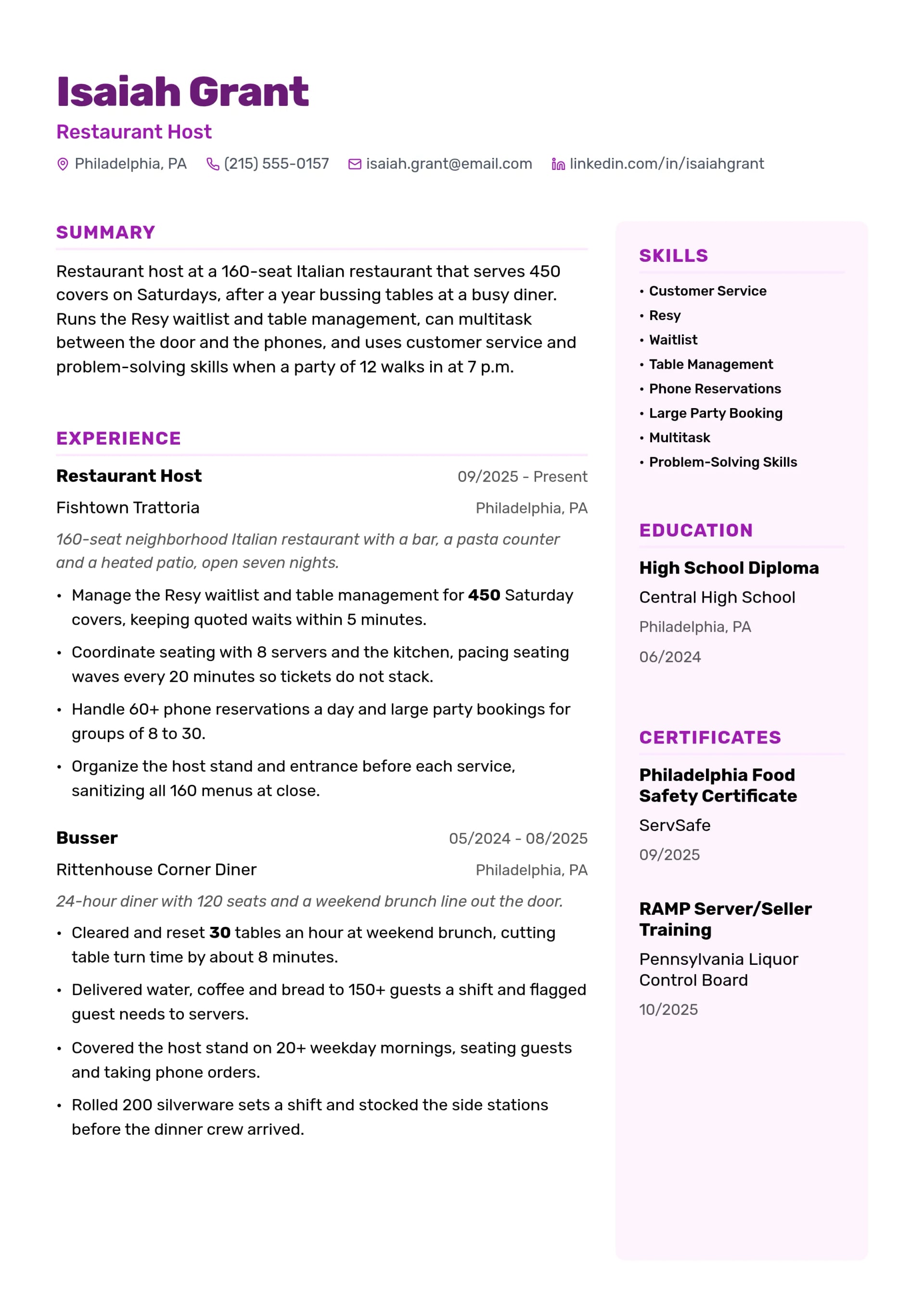 Restaurant Host resume example