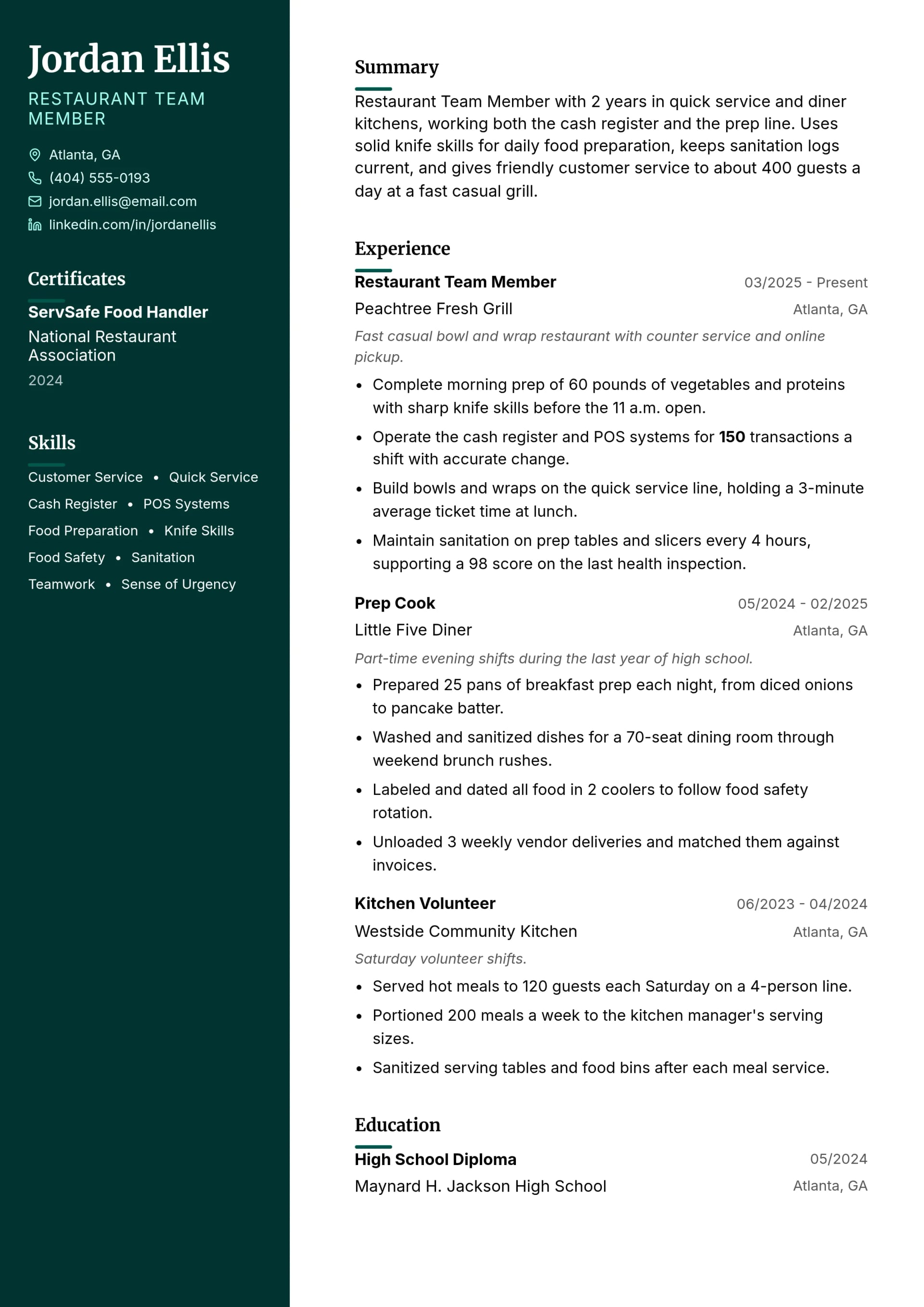 Restaurant Team Member resume example