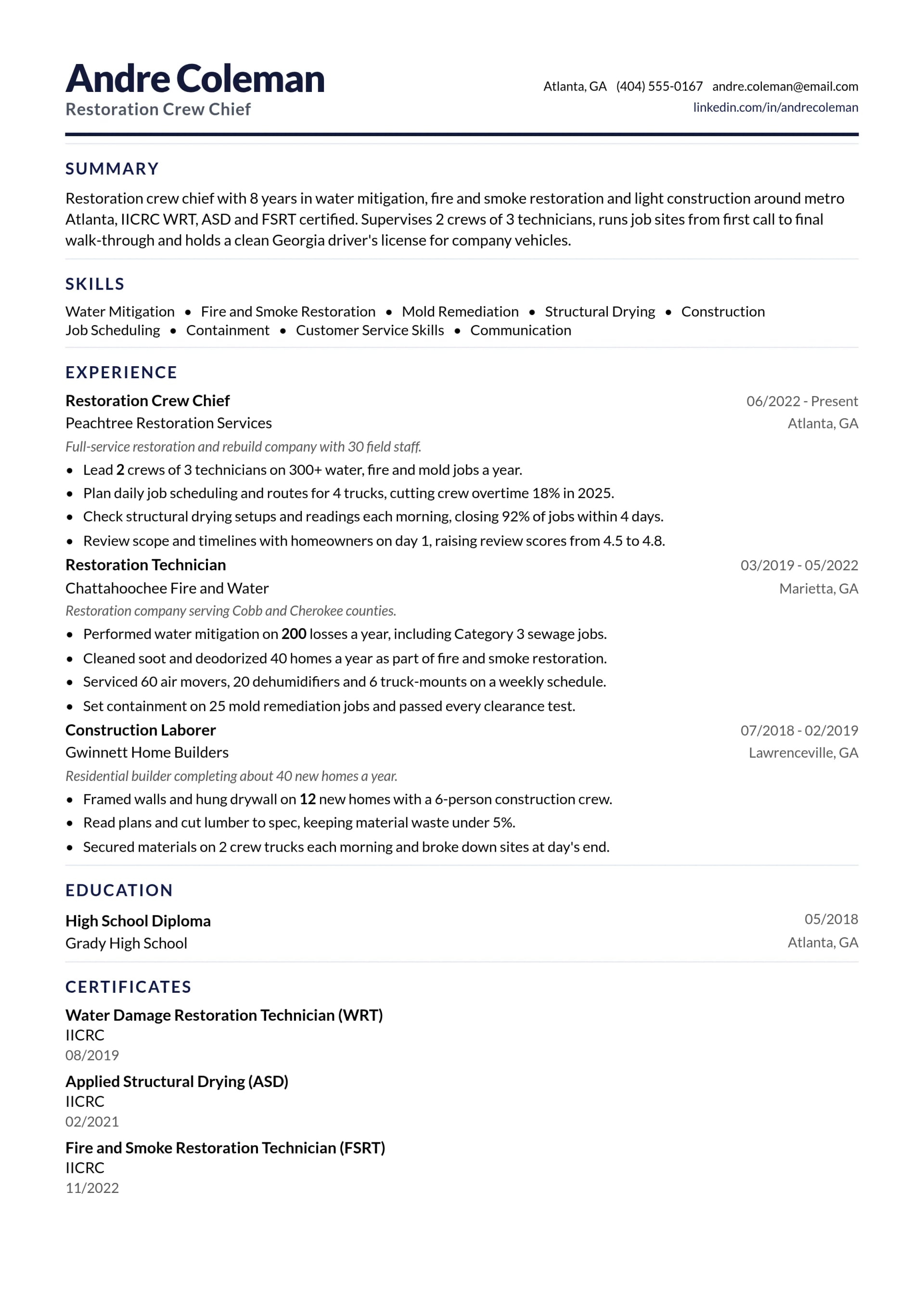Restoration Crew Chief resume example