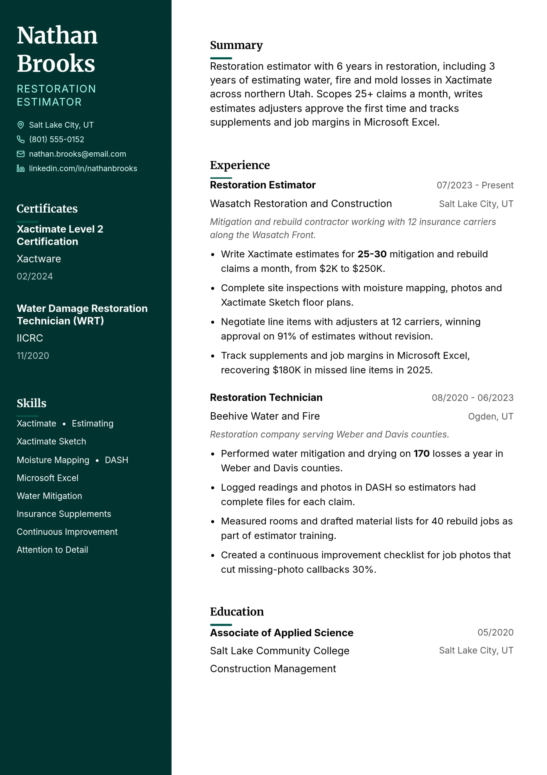 Restoration Estimator resume example