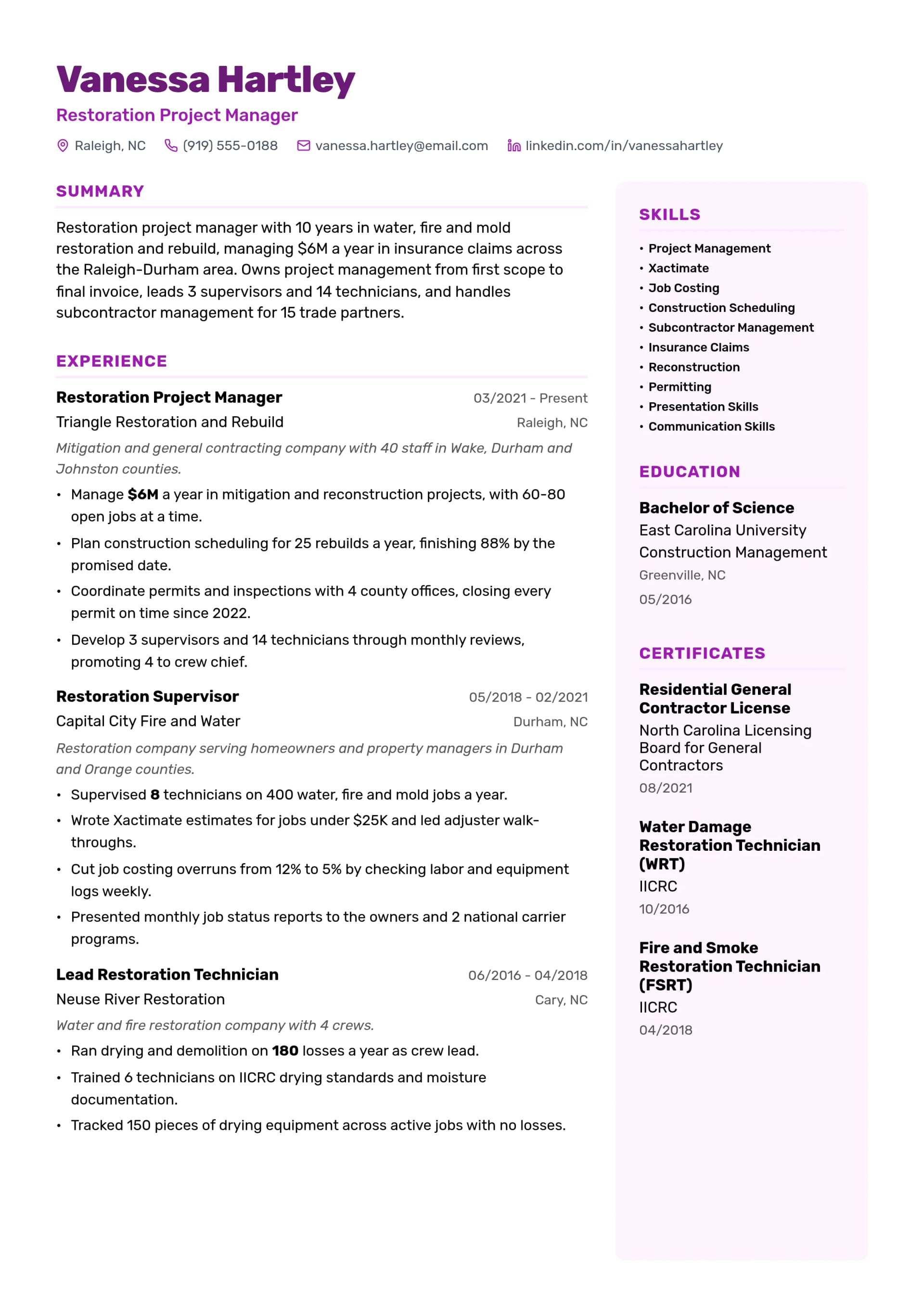 Restoration Project Manager resume example