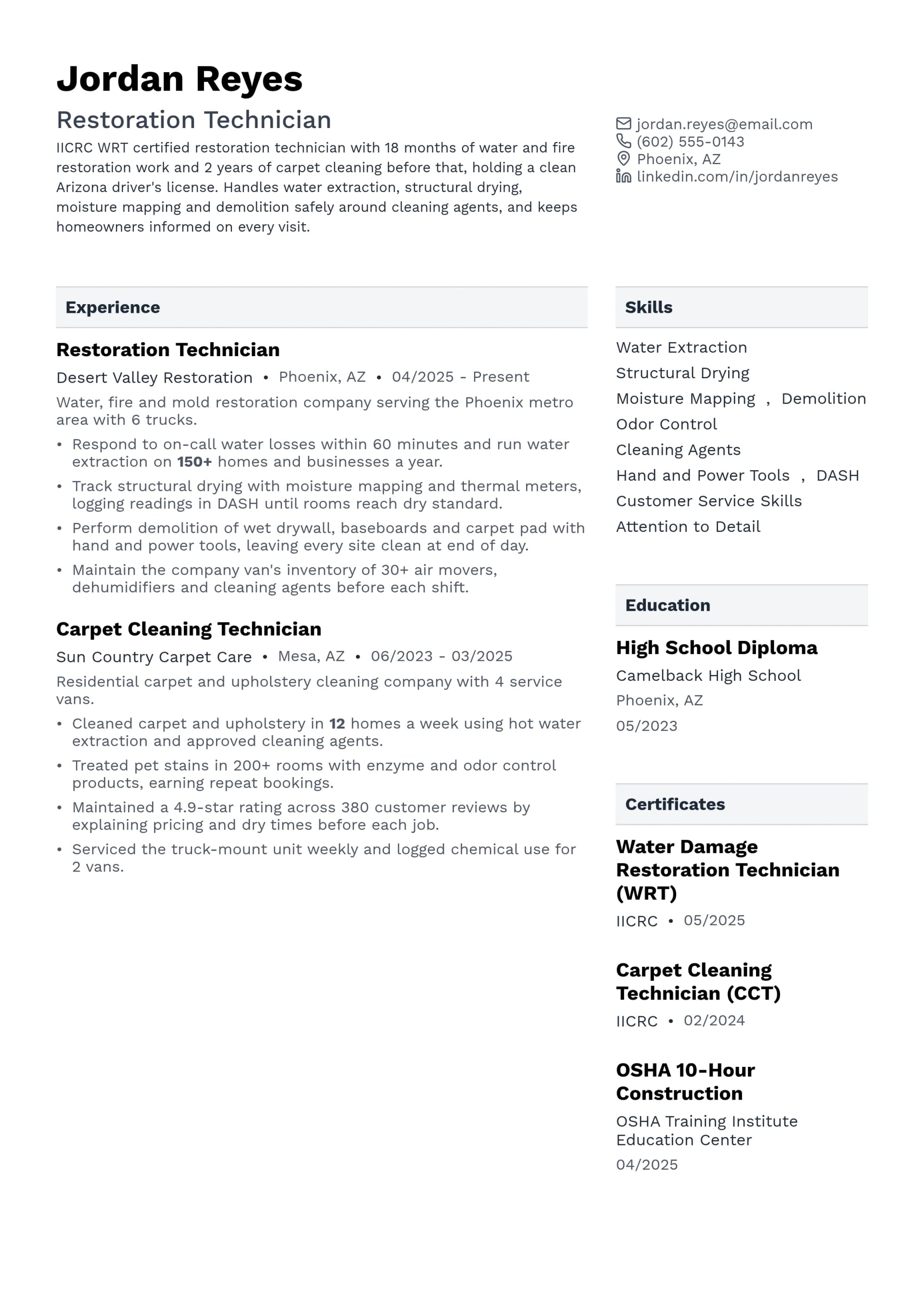 Restoration Technician resume example