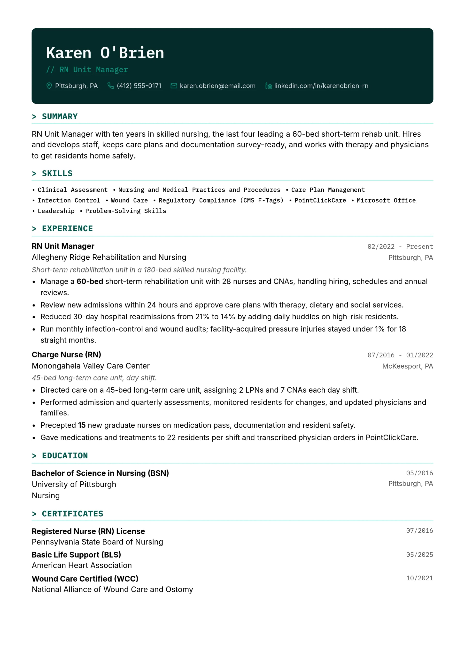 RN Unit Manager resume example