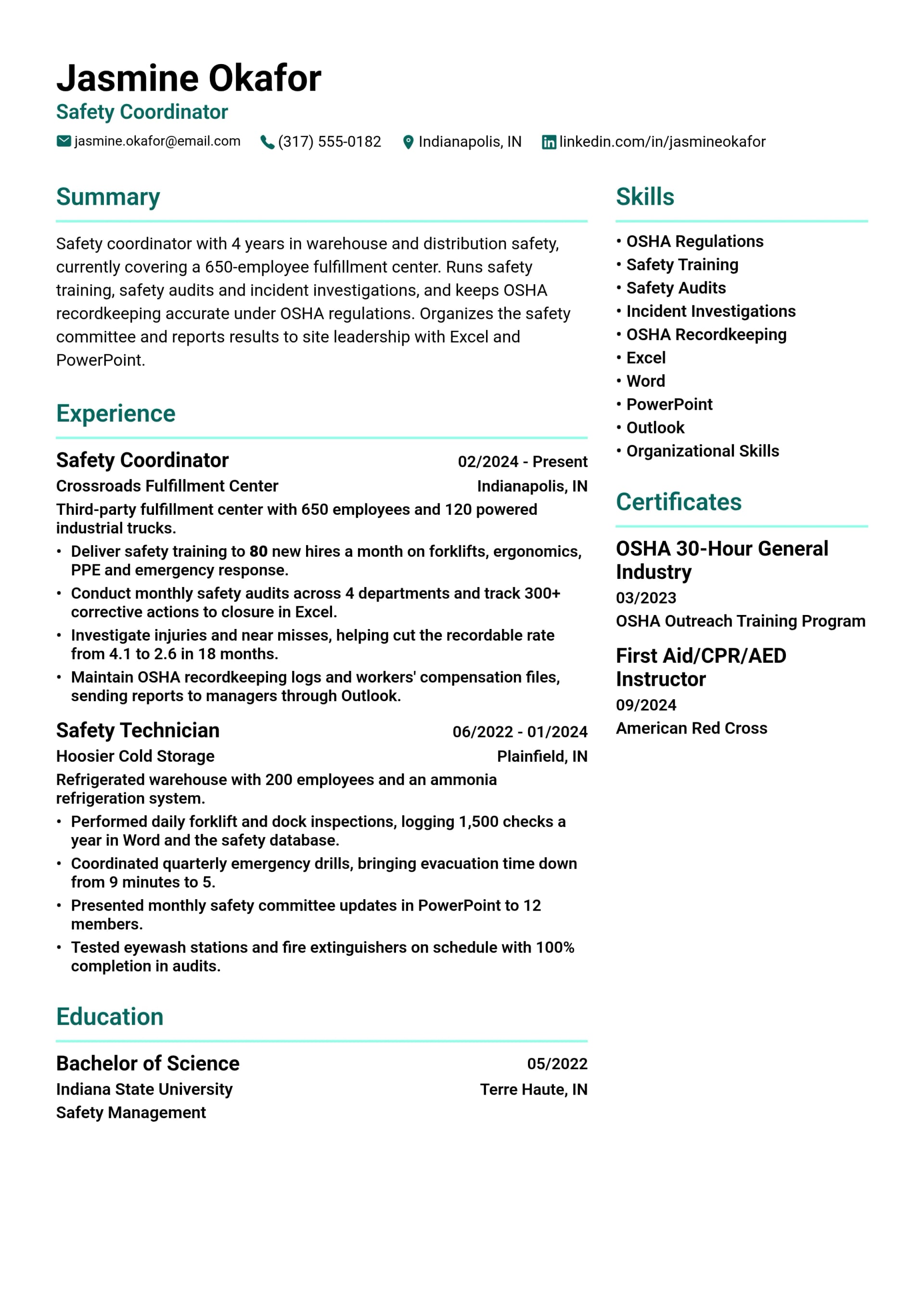 Safety Coordinator resume example