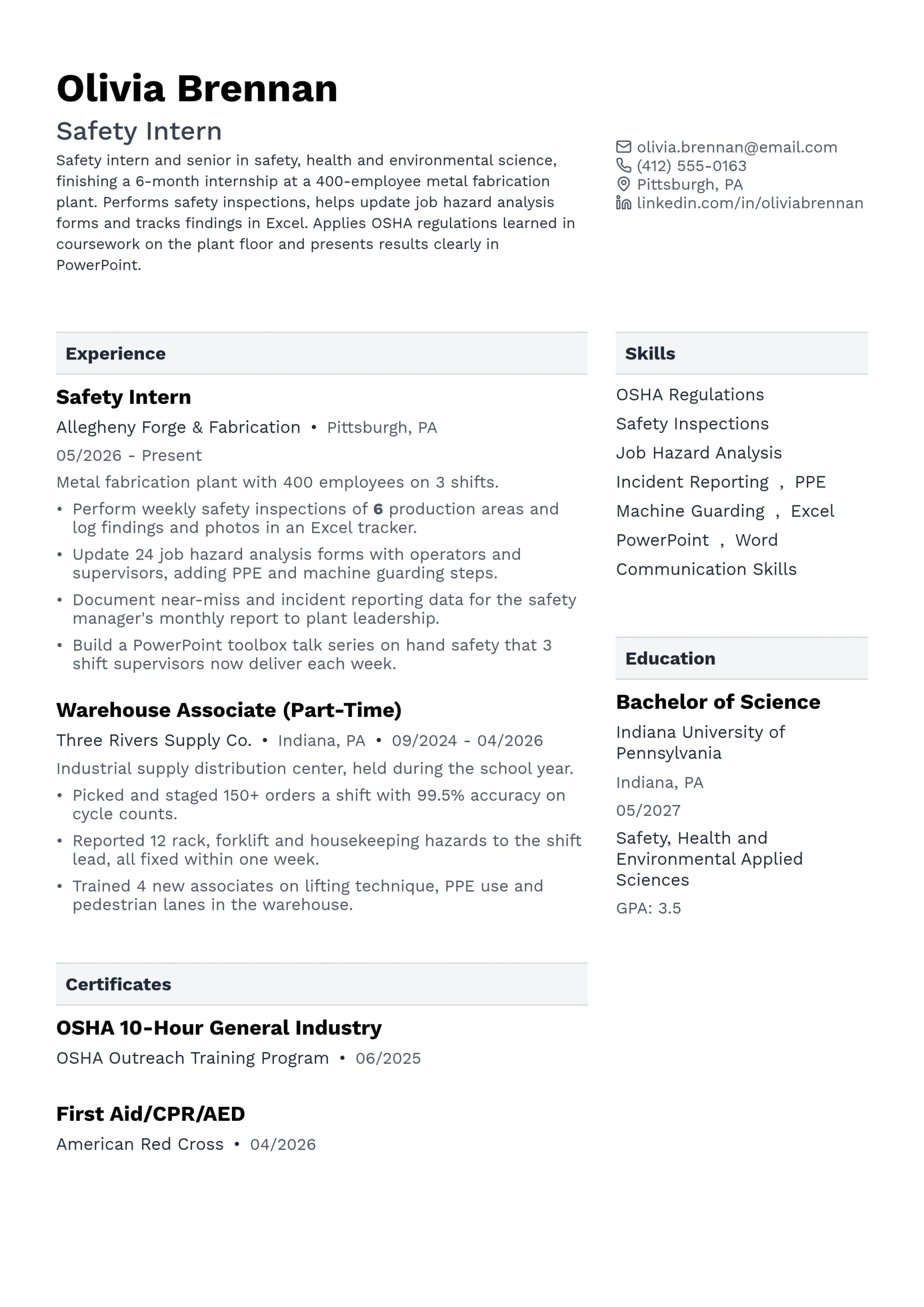 Safety Intern resume example