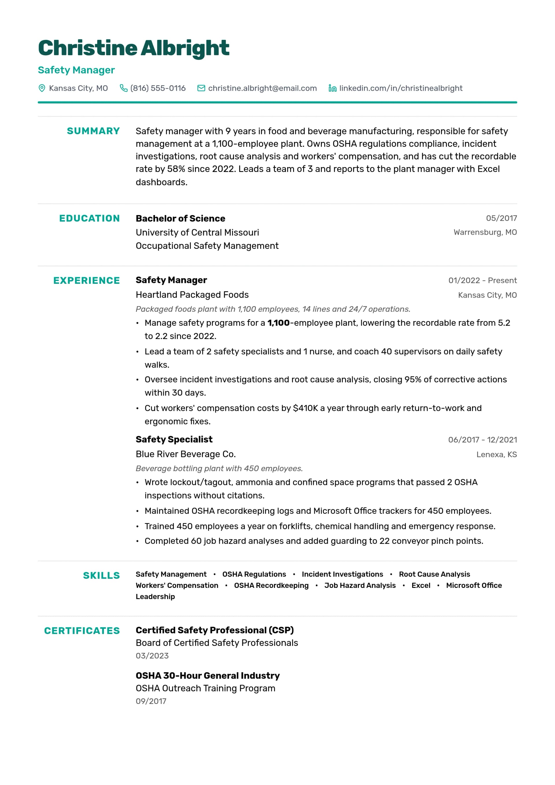 Safety Manager resume example