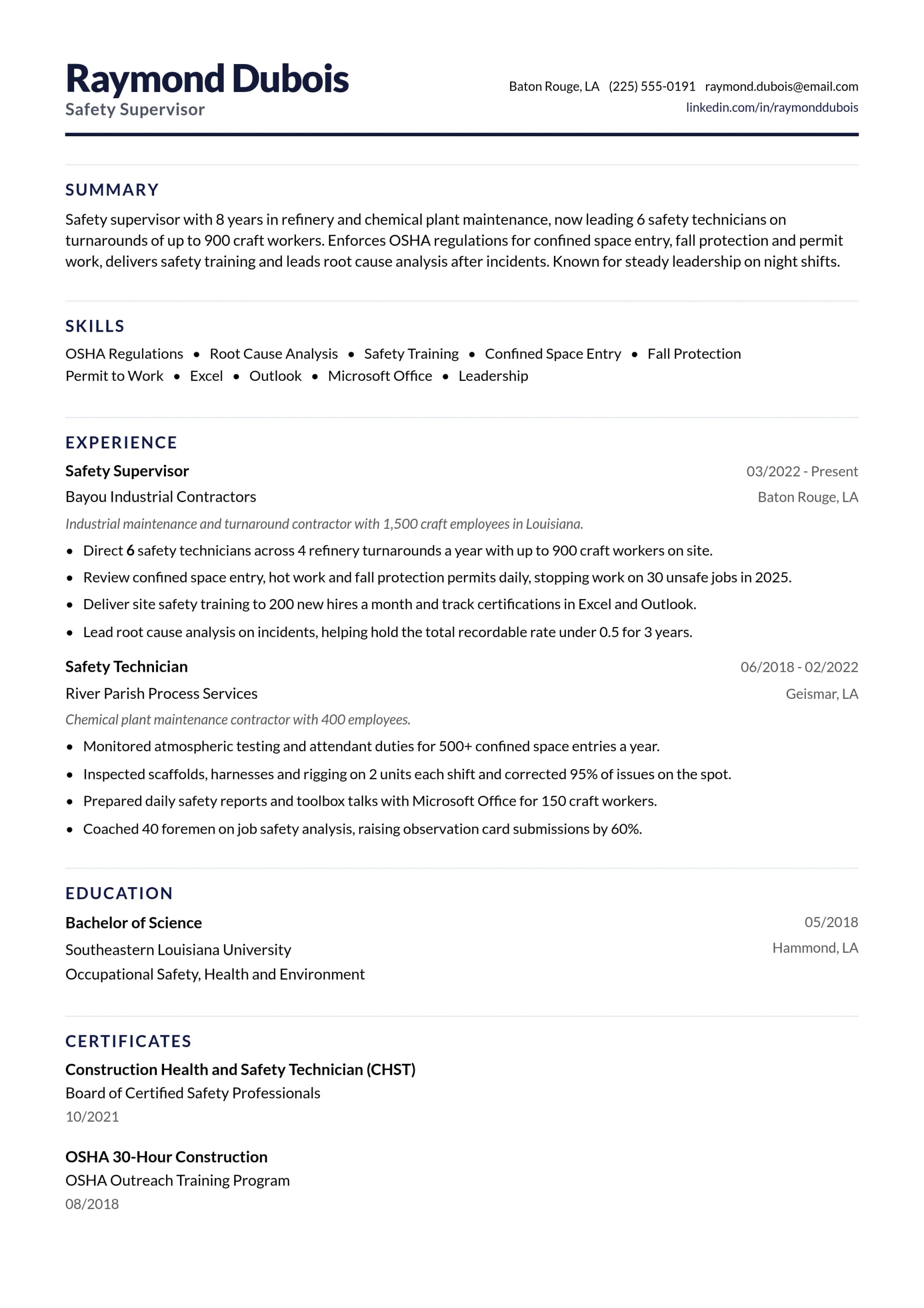 Safety Supervisor resume example
