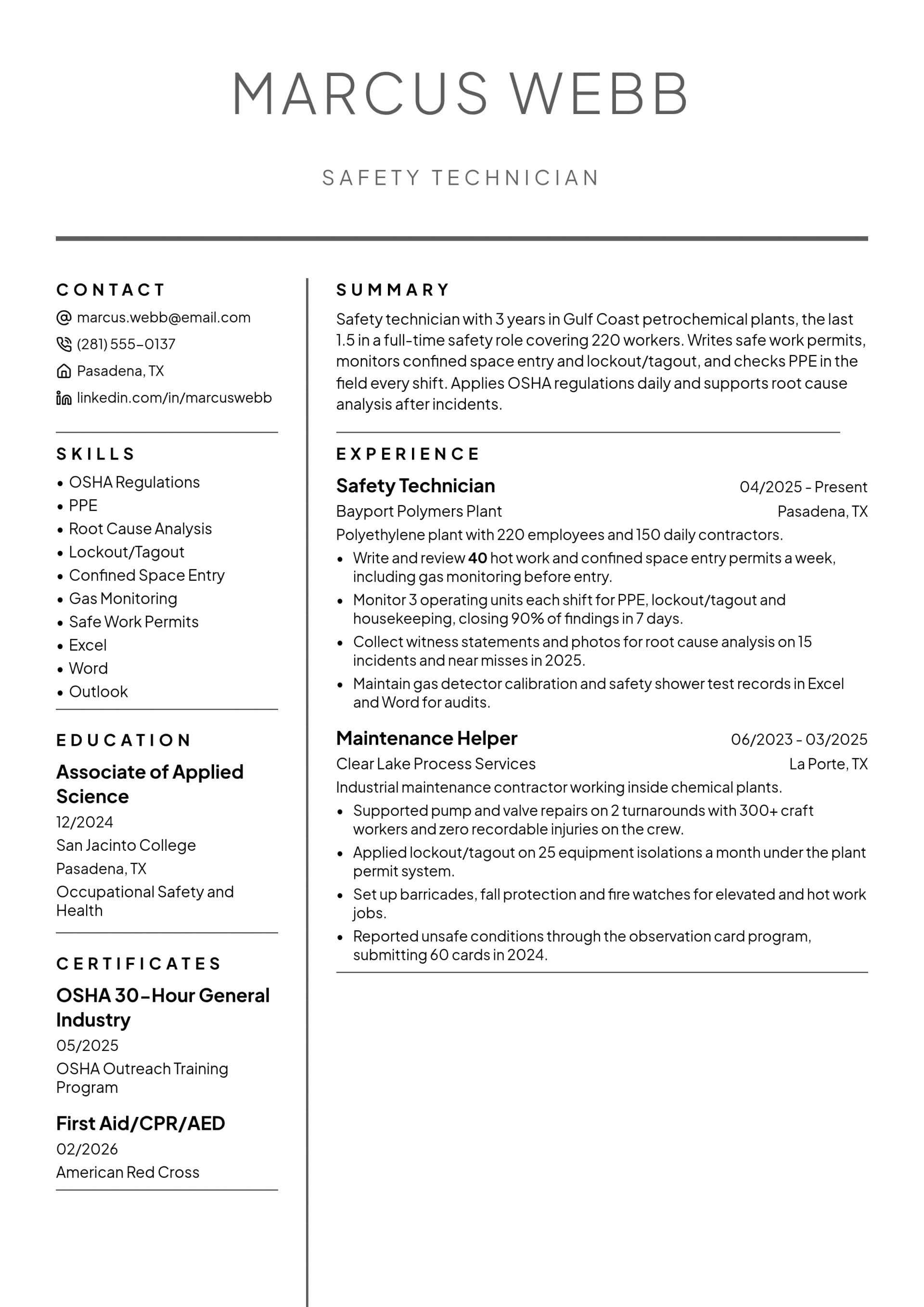 Safety Technician resume example