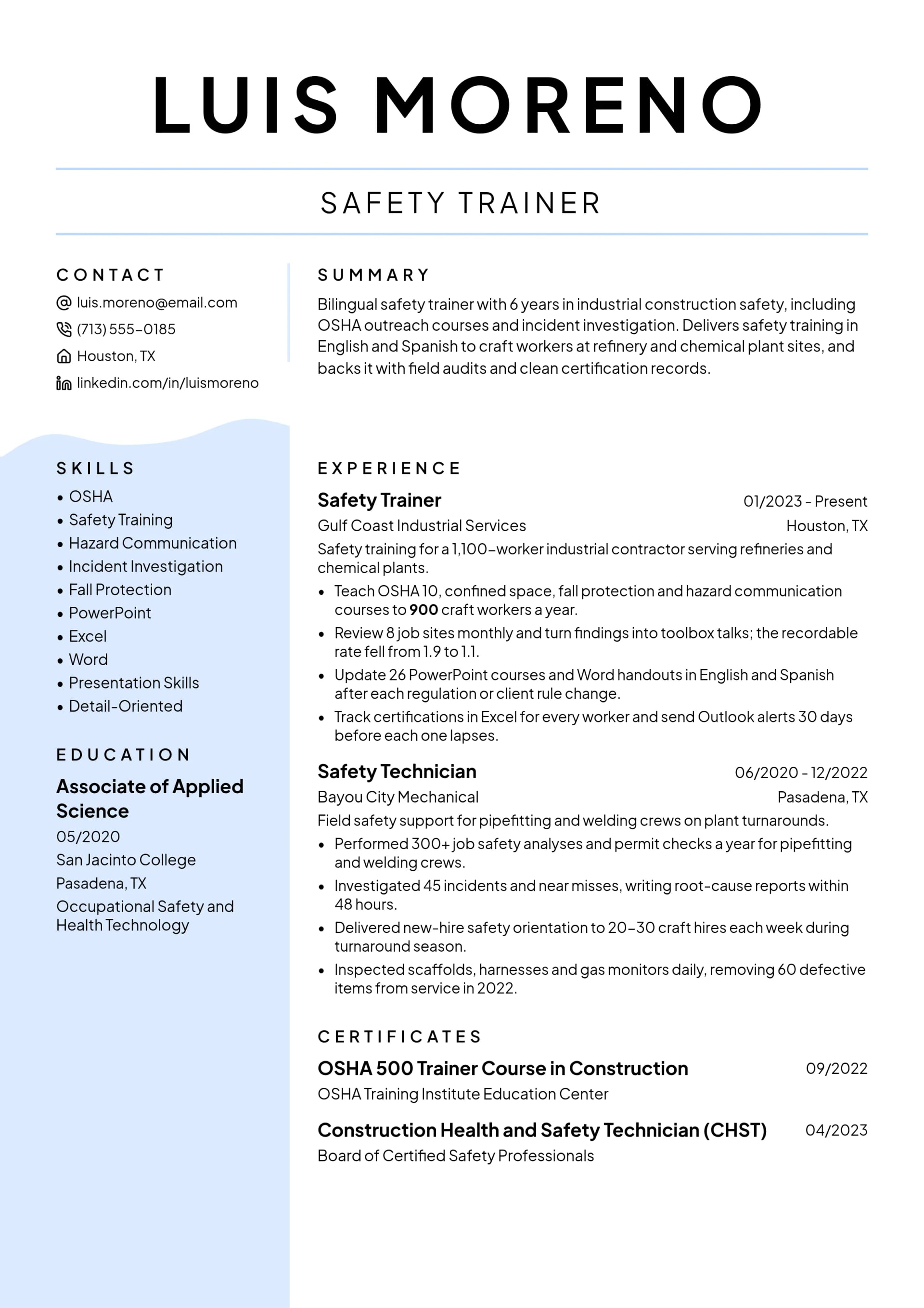 Safety Trainer resume example