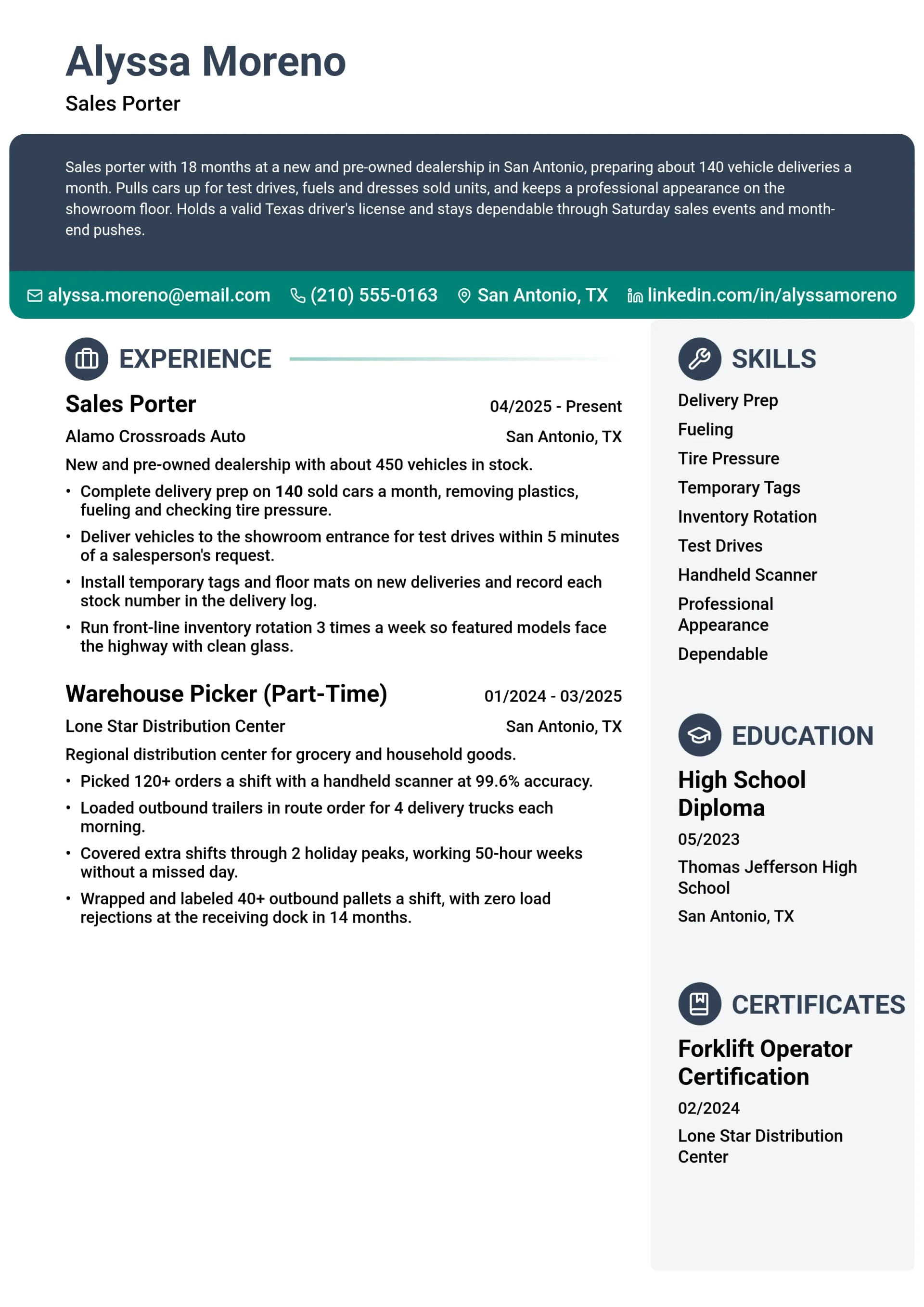 Sales Porter resume example
