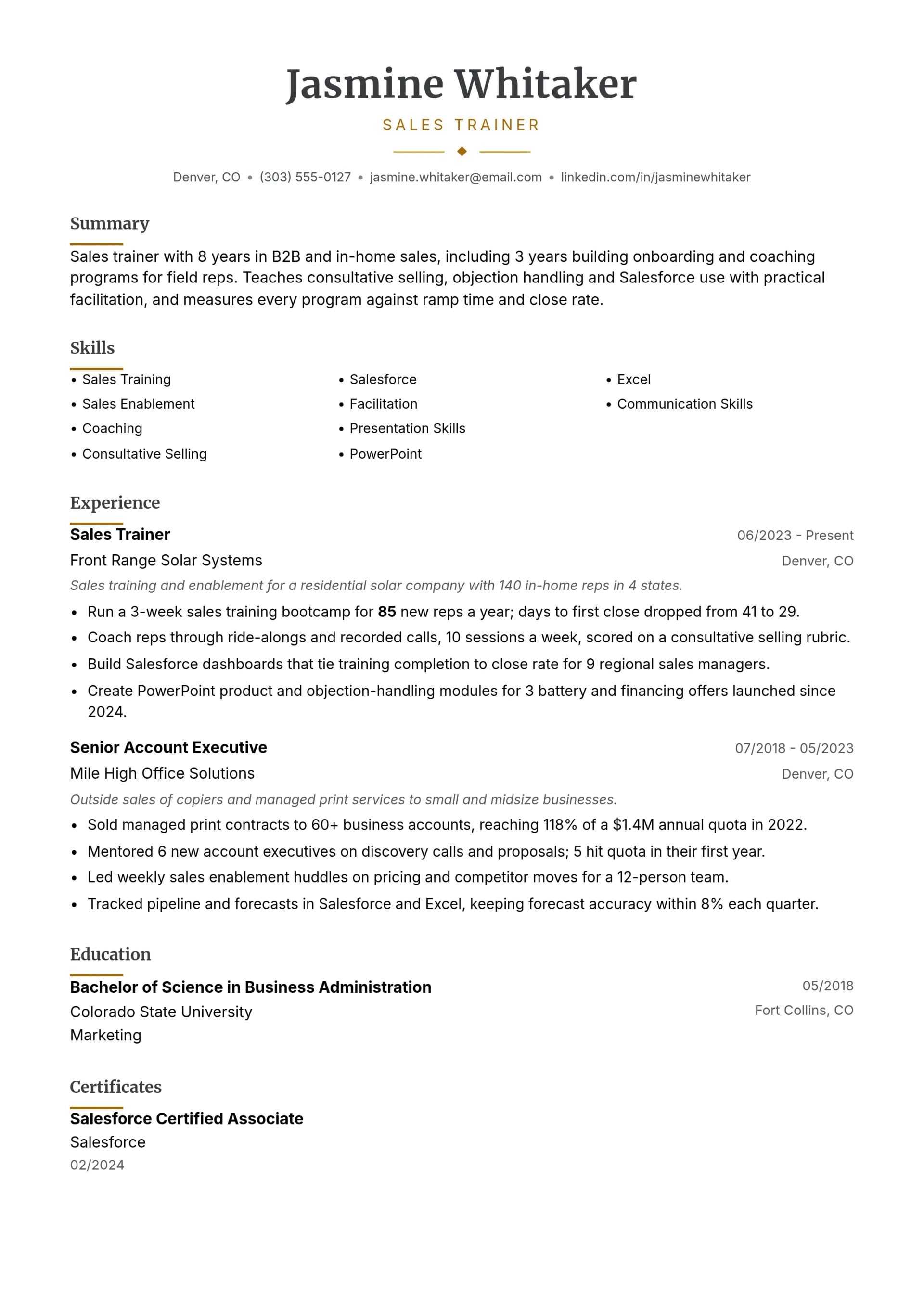 Sales Trainer resume example