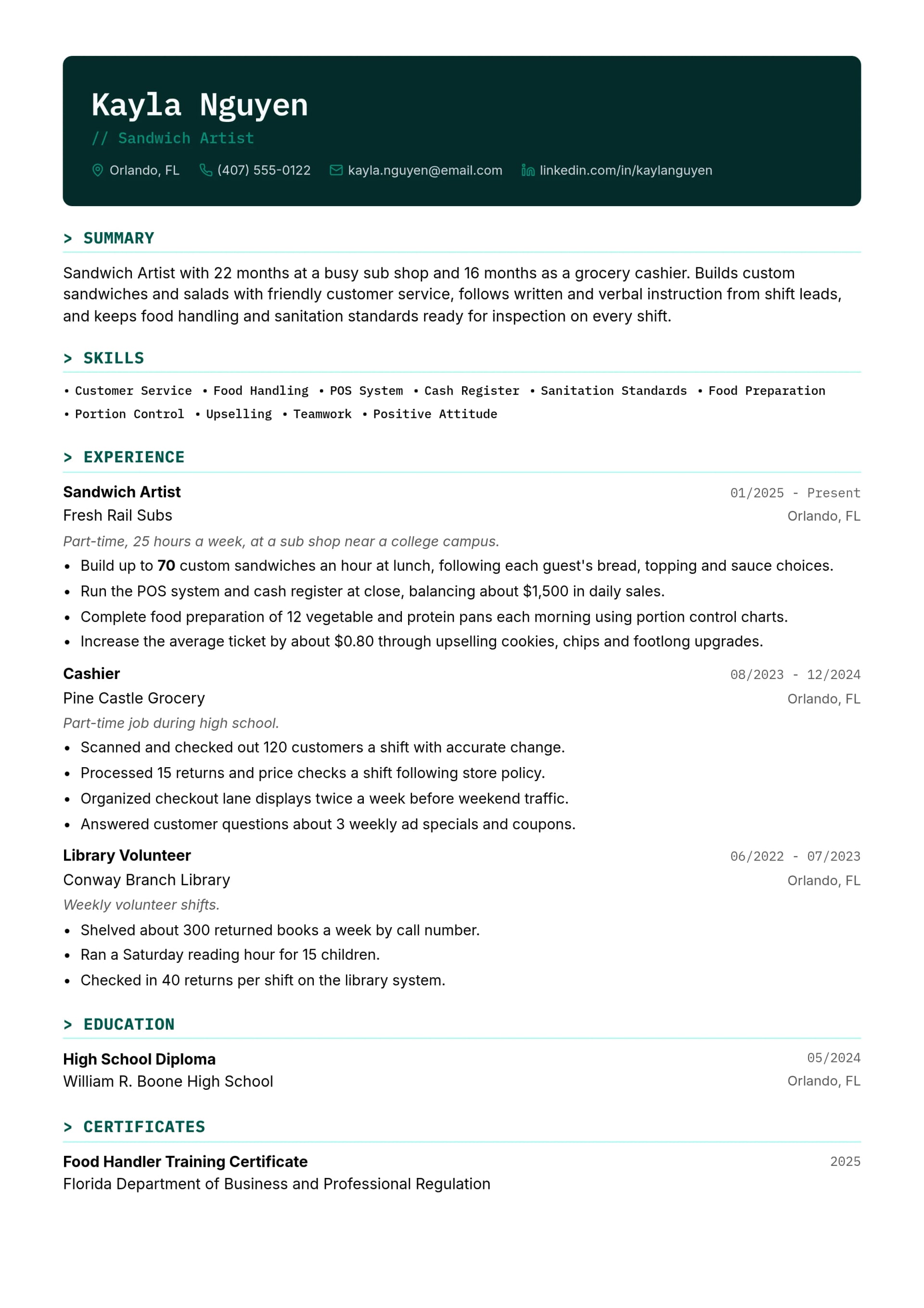 Sandwich Artist resume example
