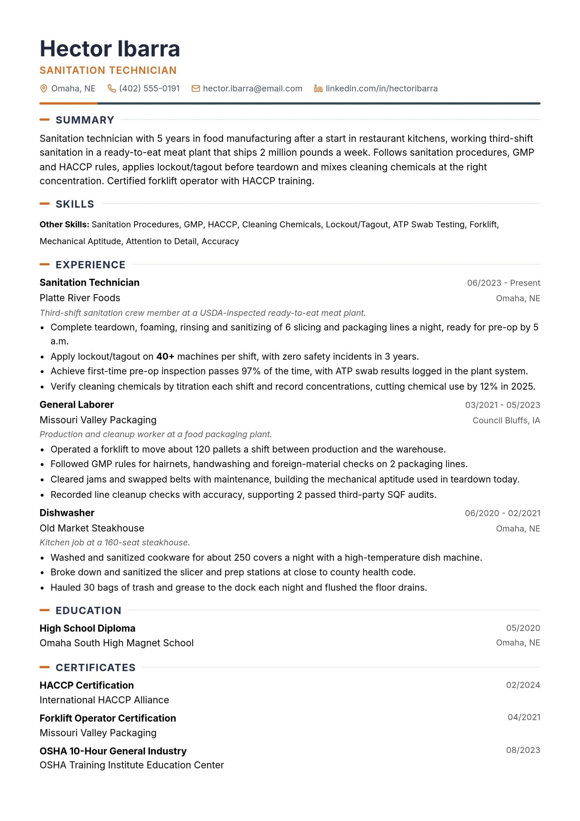 Sanitation Technician resume example