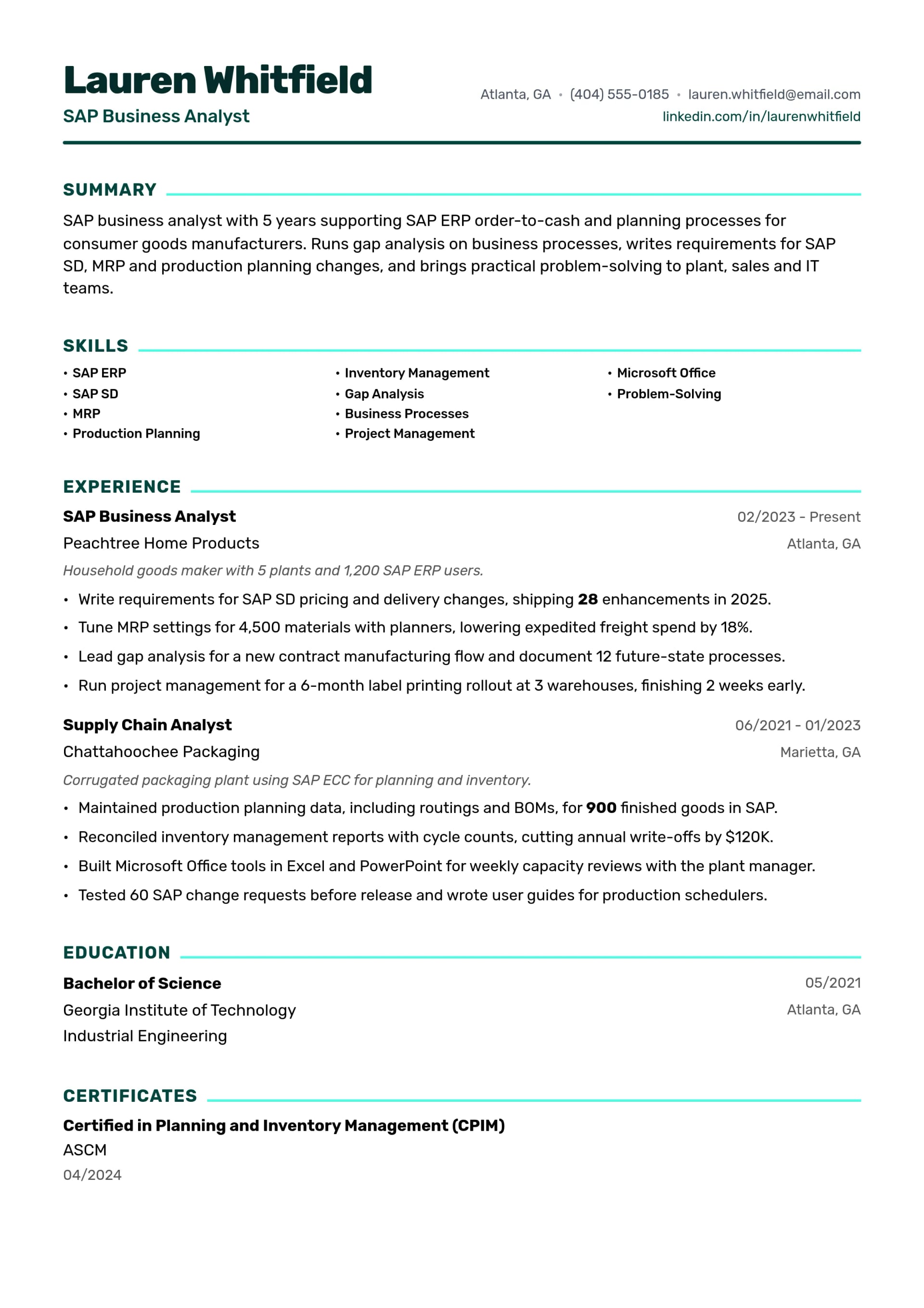 SAP Business Analyst resume example